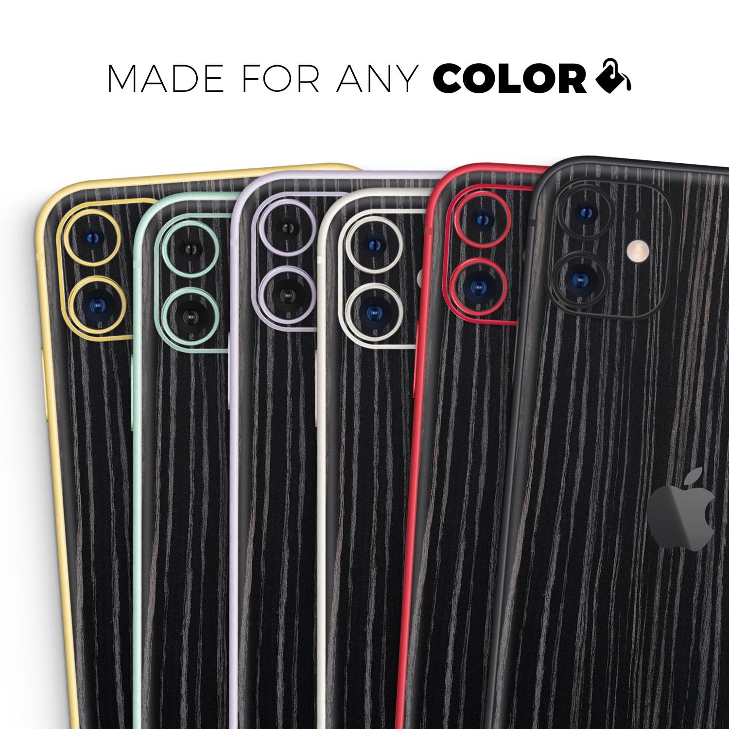 Black Wood Texture Skin-Kit for Apple iPhone 13, showcasing a stylish wood grain design.