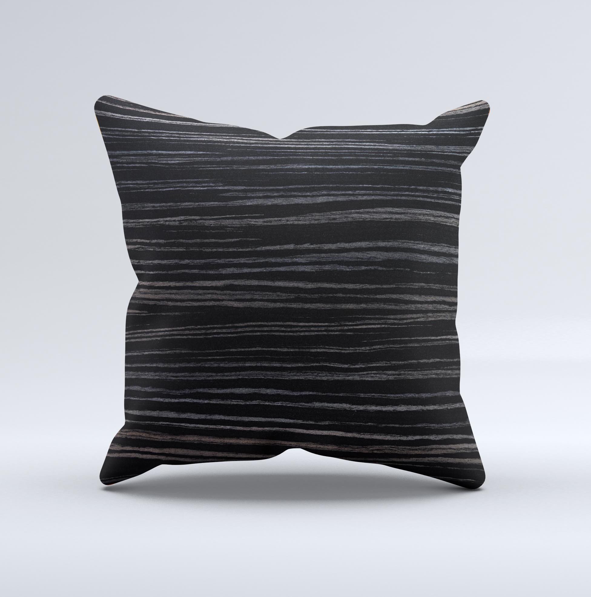 Black Wood Texture Ink-Fuzed Decorative Throw Pillow showcasing a unique wood grain design, handcrafted in Virginia.