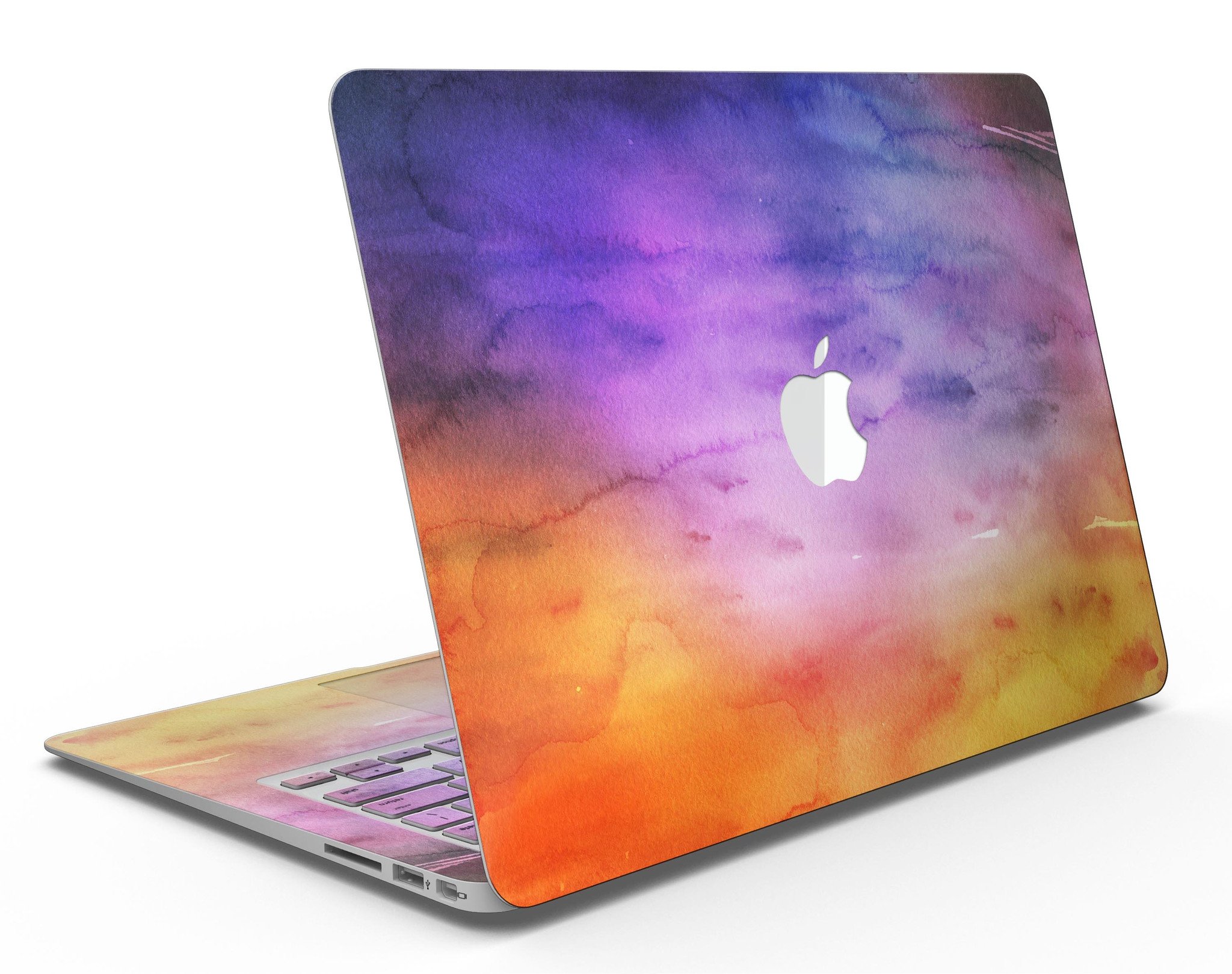 Blotted 6482 Absorbed Watercolor Texture skin applied to a MacBook Air, showcasing vibrant colors and a sleek design.