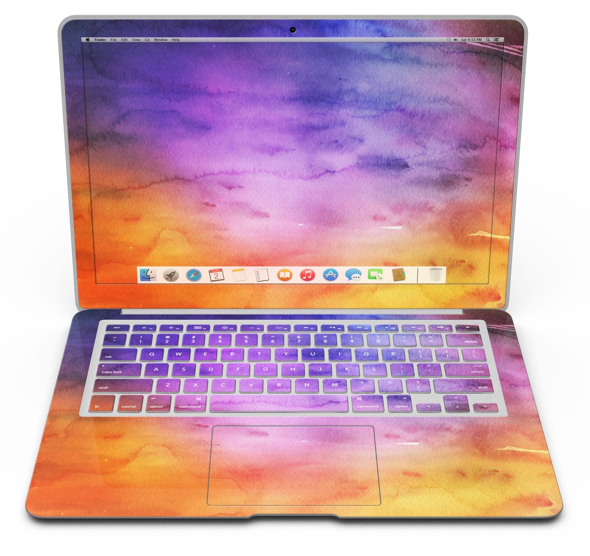 Blotted 6482 Absorbed Watercolor Texture skin applied to a MacBook Air, showcasing vibrant colors and a sleek design.