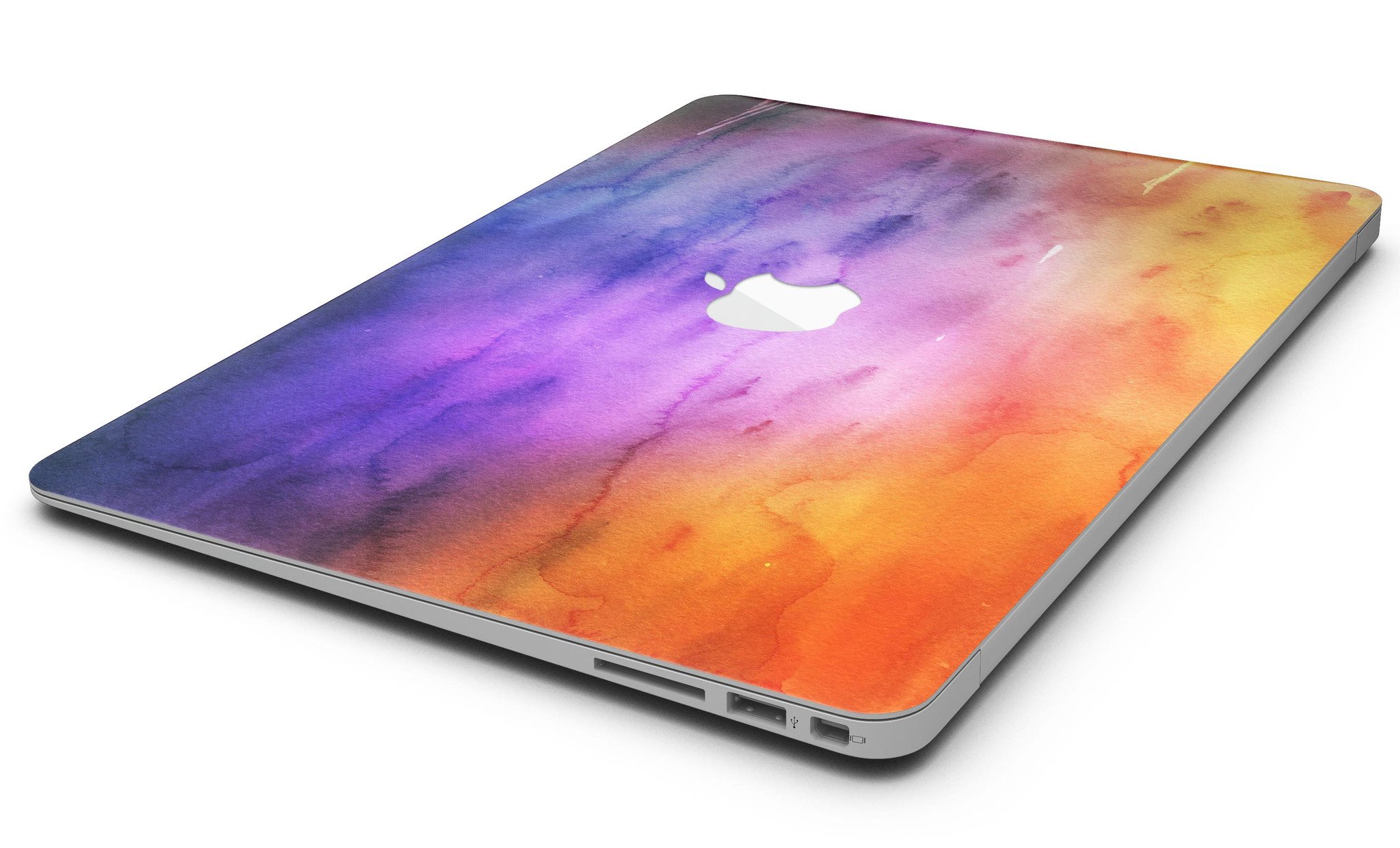 Blotted 6482 Absorbed Watercolor Texture skin applied to a MacBook Air, showcasing vibrant colors and a sleek design.