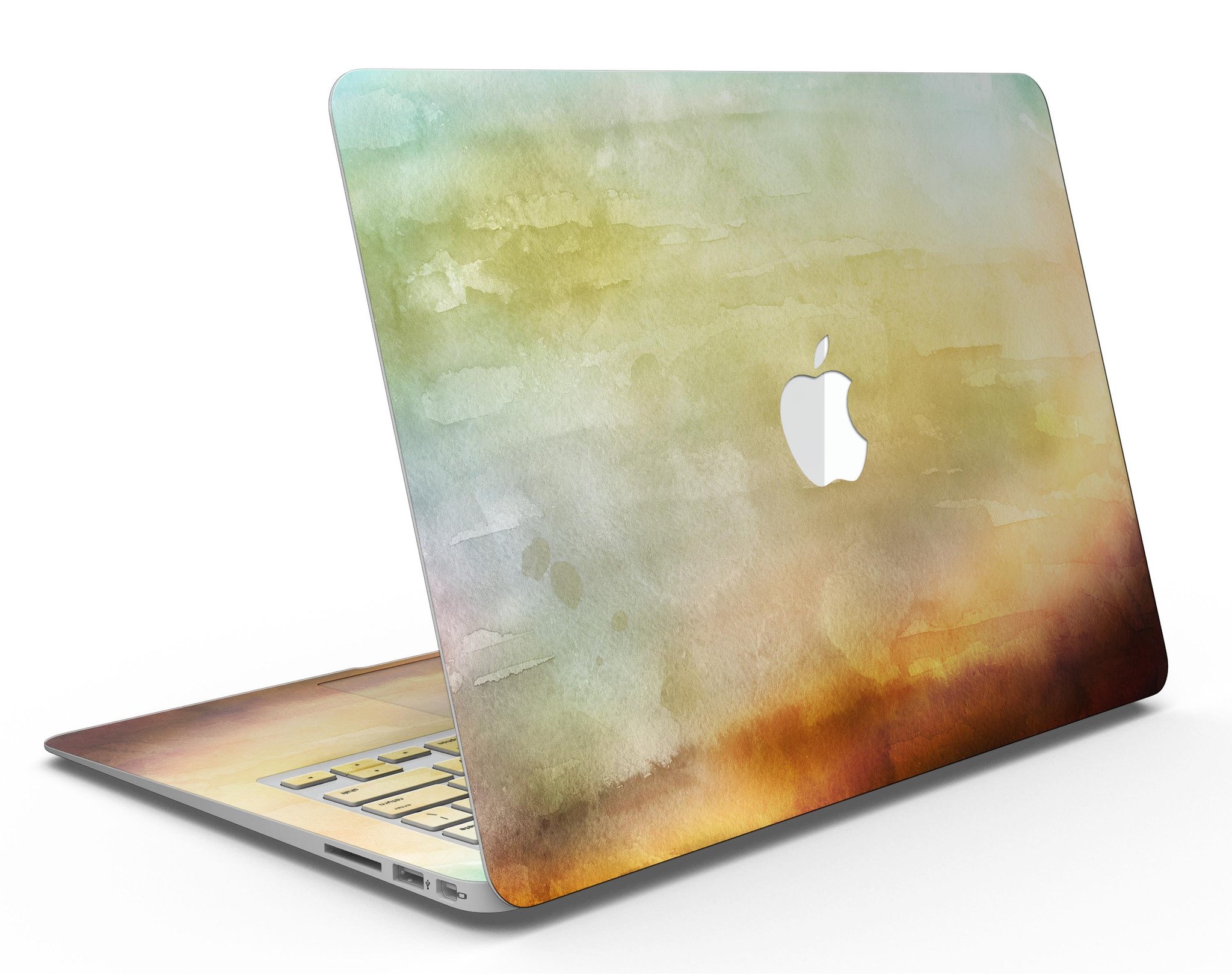 Blotted 672534 Absorbed Watercolor Texture skin applied on a MacBook Air, showcasing vibrant colors and a sleek design.