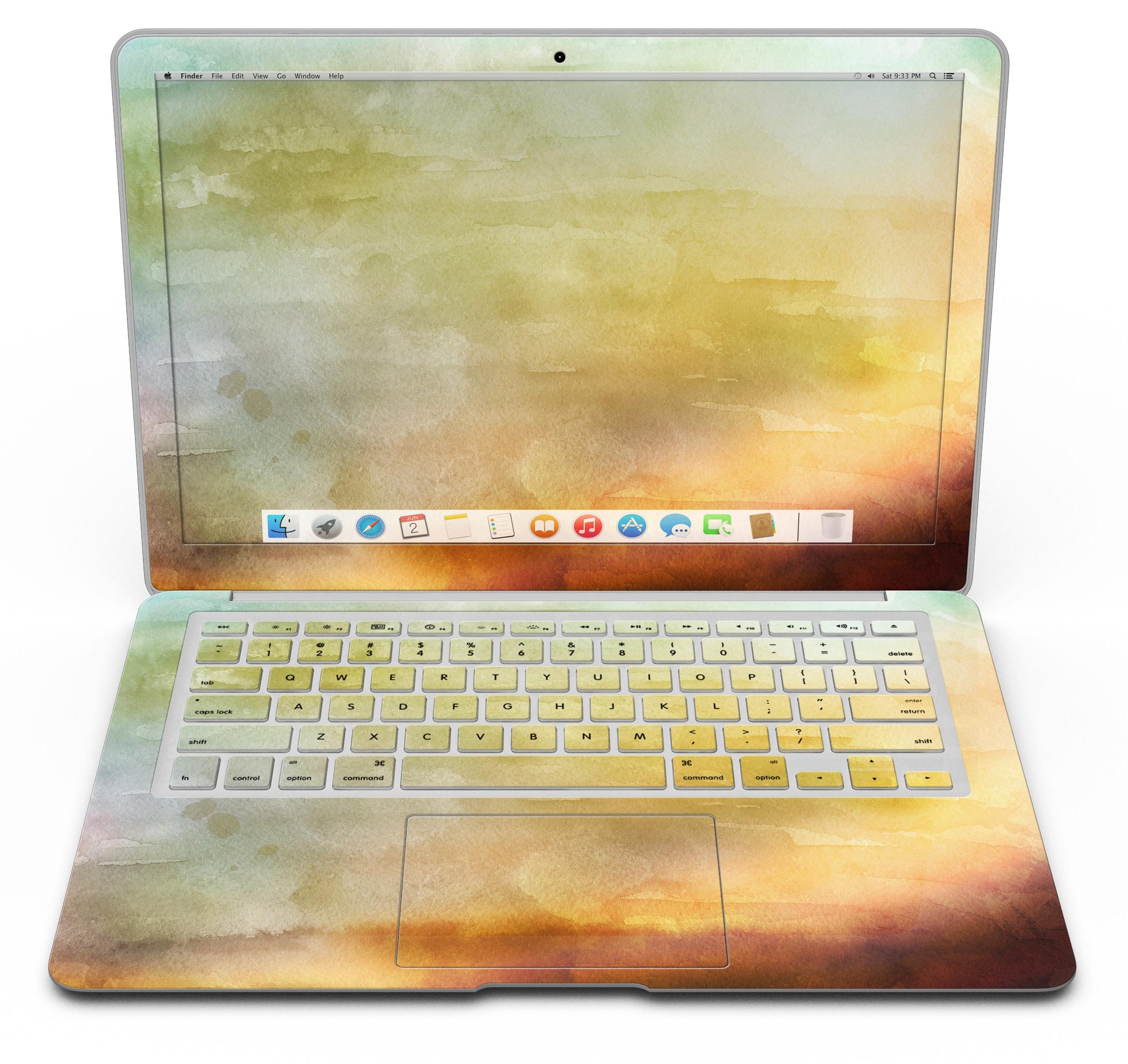 Blotted 672534 Absorbed Watercolor Texture skin applied on a MacBook Air, showcasing vibrant colors and a sleek design.