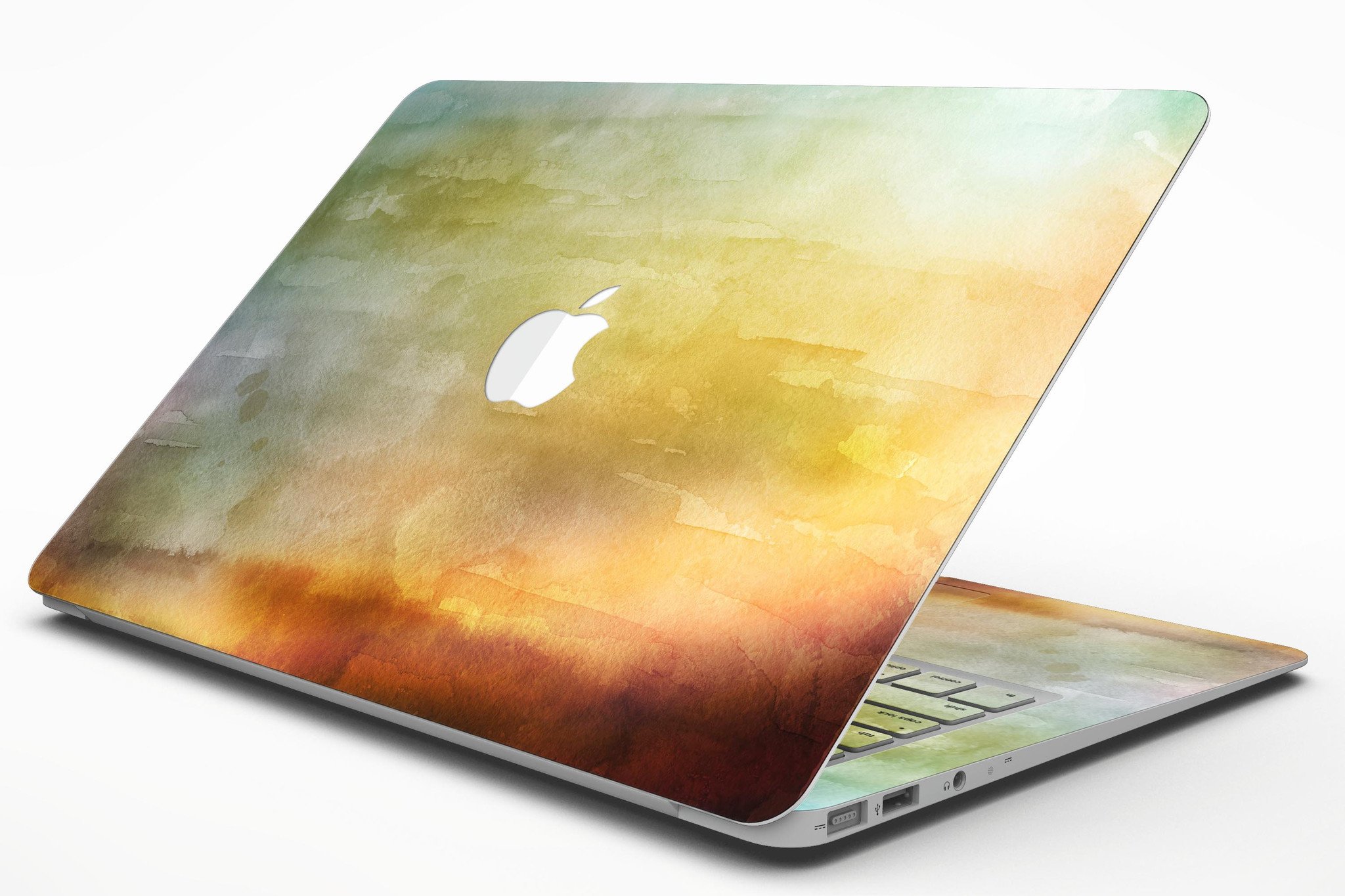 Blotted 672534 Absorbed Watercolor Texture skin applied on a MacBook Air, showcasing vibrant colors and a sleek design.