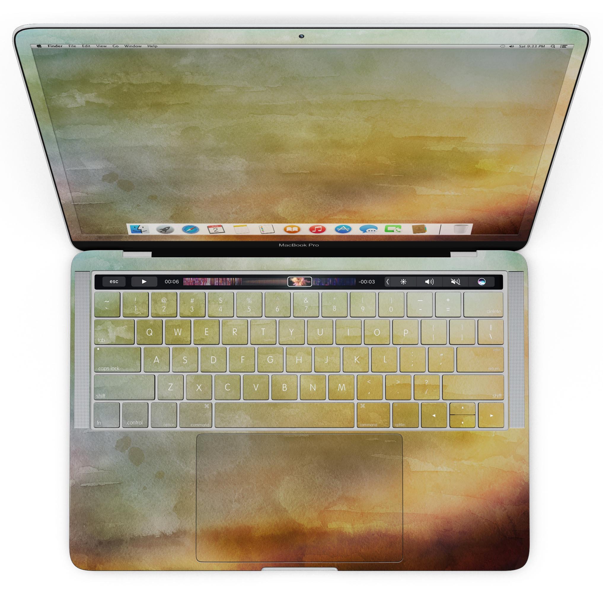 Blotted 672534 Absorbed Watercolor Texture skin applied to a MacBook Pro with Touch Bar, showcasing vibrant colors and a sleek design.