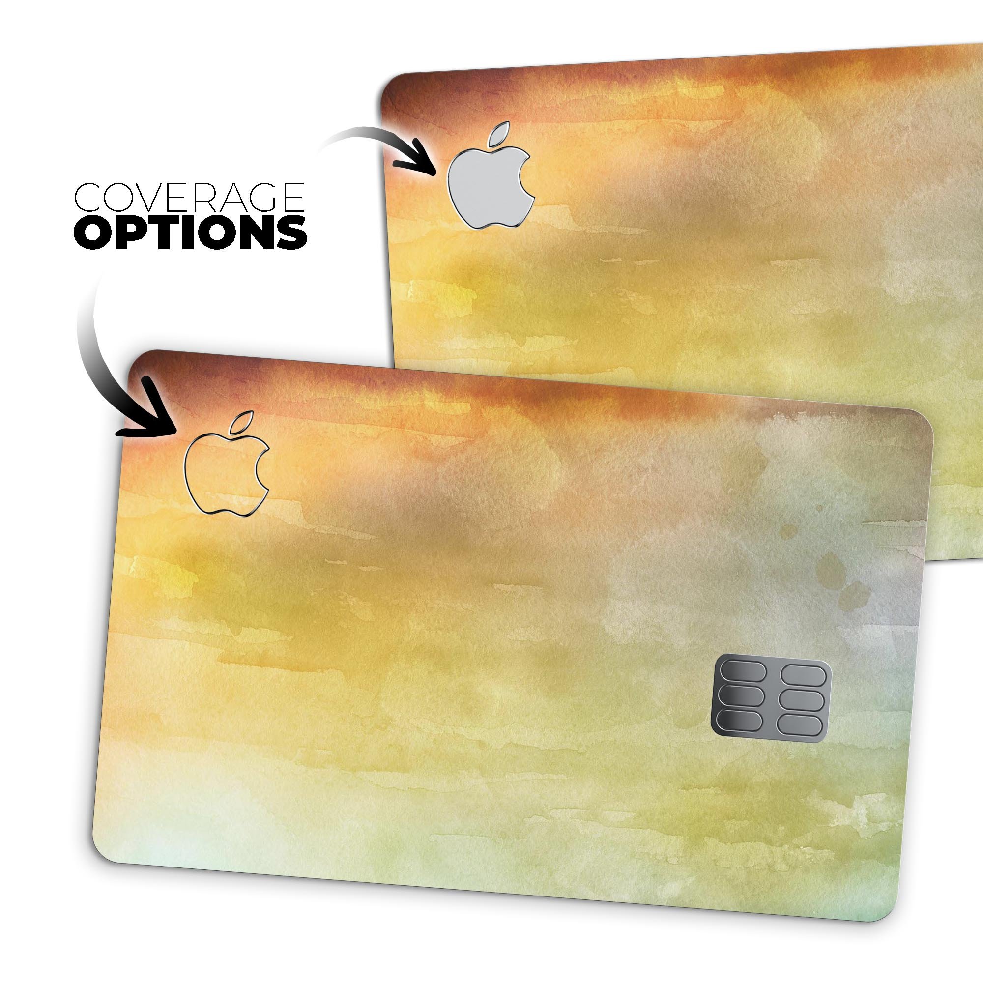 Blotted 672534 Absorbed Watercolor Texture decal on an Apple Card, showcasing vibrant colors and a protective design.