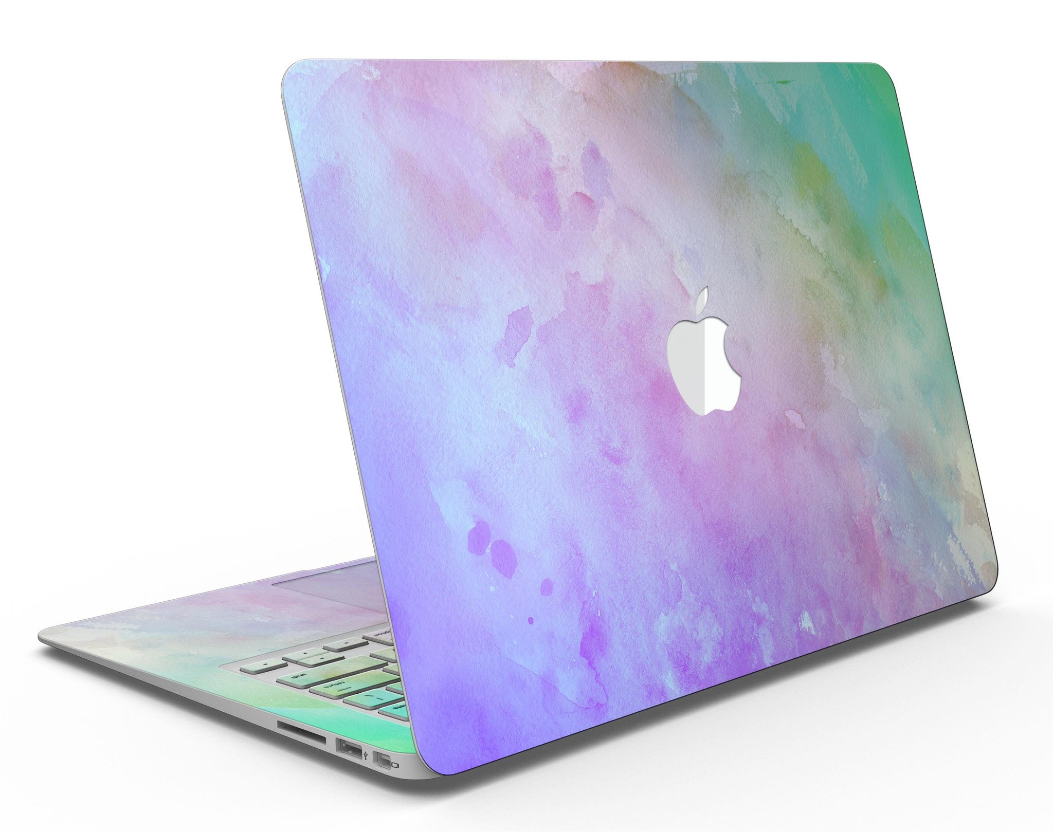 Blotted 6752 Absorbed Watercolor Texture skin applied to a MacBook Air, showcasing vibrant colors and a sleek design.