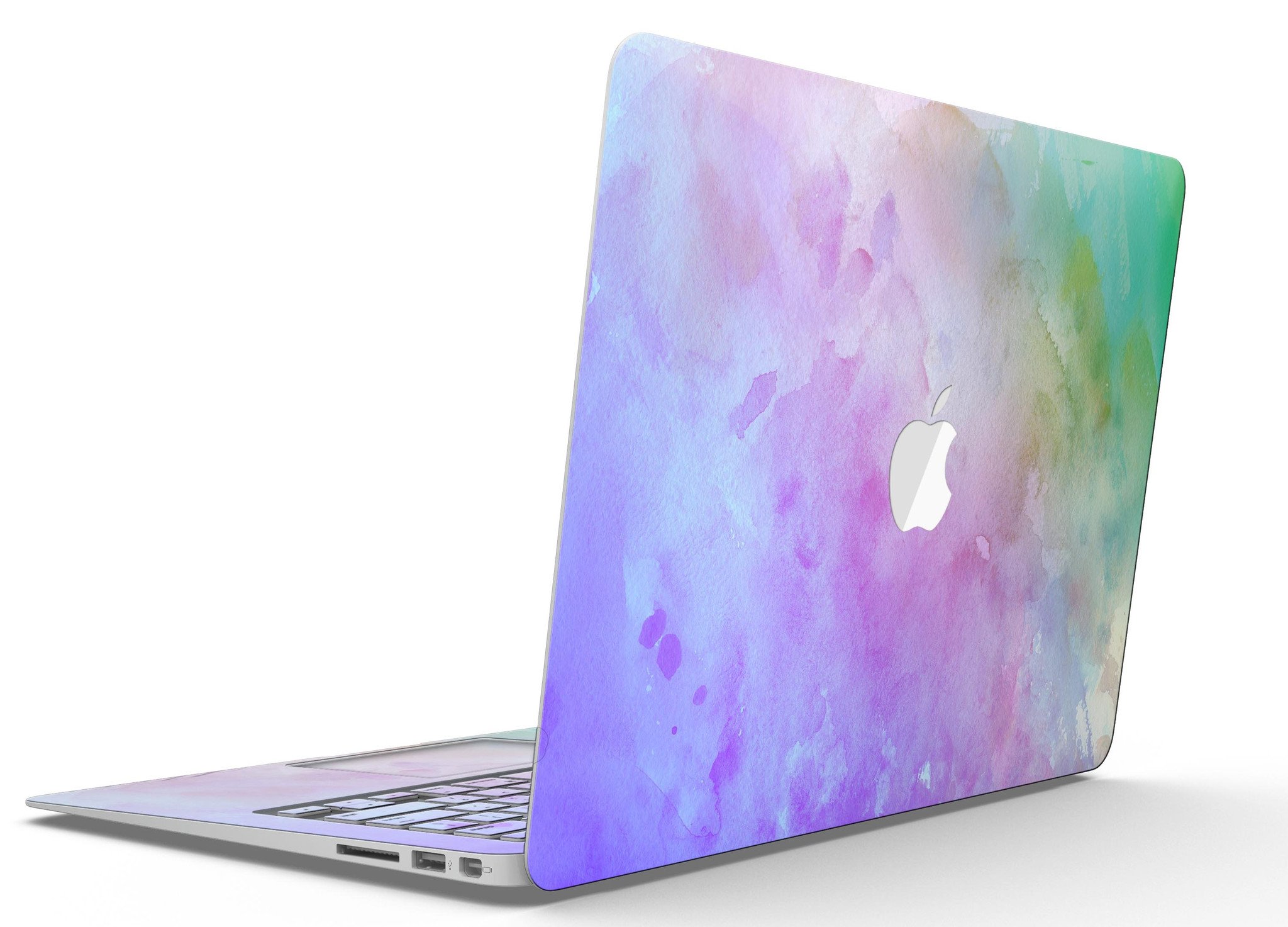 Blotted 6752 Absorbed Watercolor Texture skin applied to a MacBook Air, showcasing vibrant colors and a sleek design.