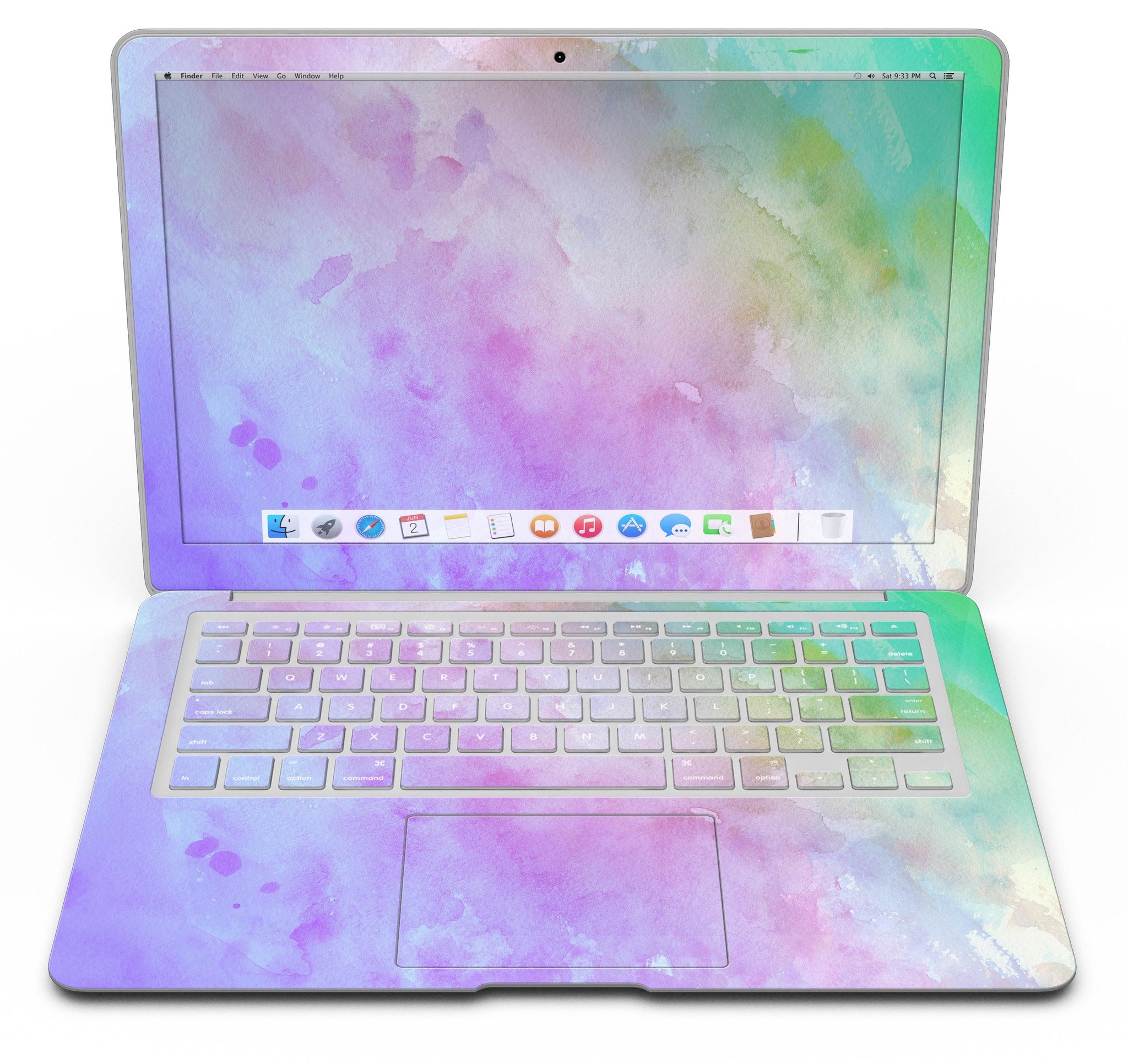 Blotted 6752 Absorbed Watercolor Texture skin applied to a MacBook Air, showcasing vibrant colors and a sleek design.