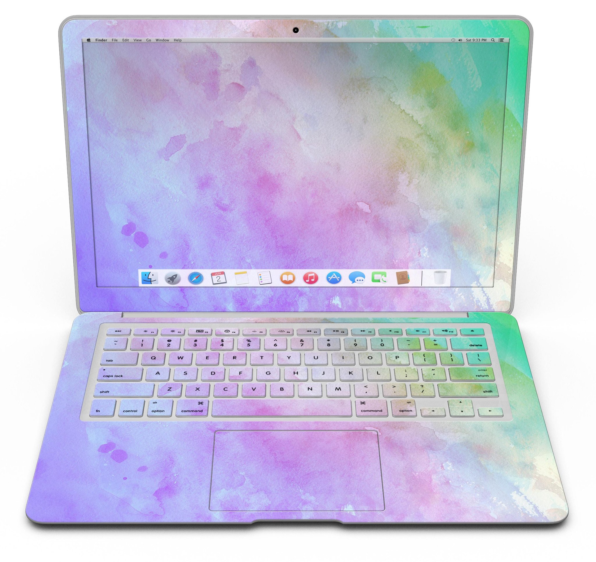 Blotted 6752 Absorbed Watercolor Texture skin applied to a MacBook Air, showcasing vibrant colors and a sleek design.