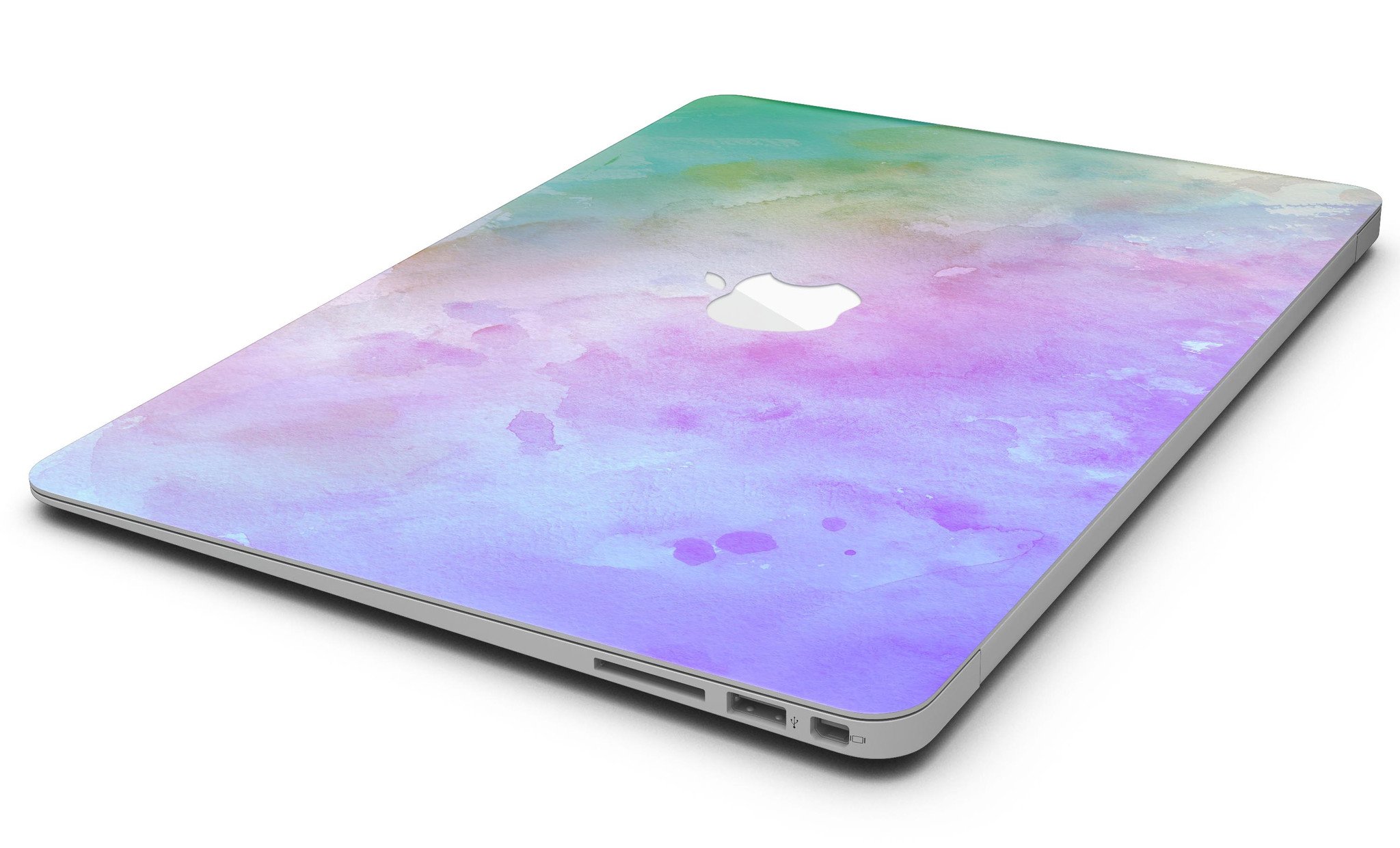 Blotted 6752 Absorbed Watercolor Texture skin applied to a MacBook Air, showcasing vibrant colors and a sleek design.