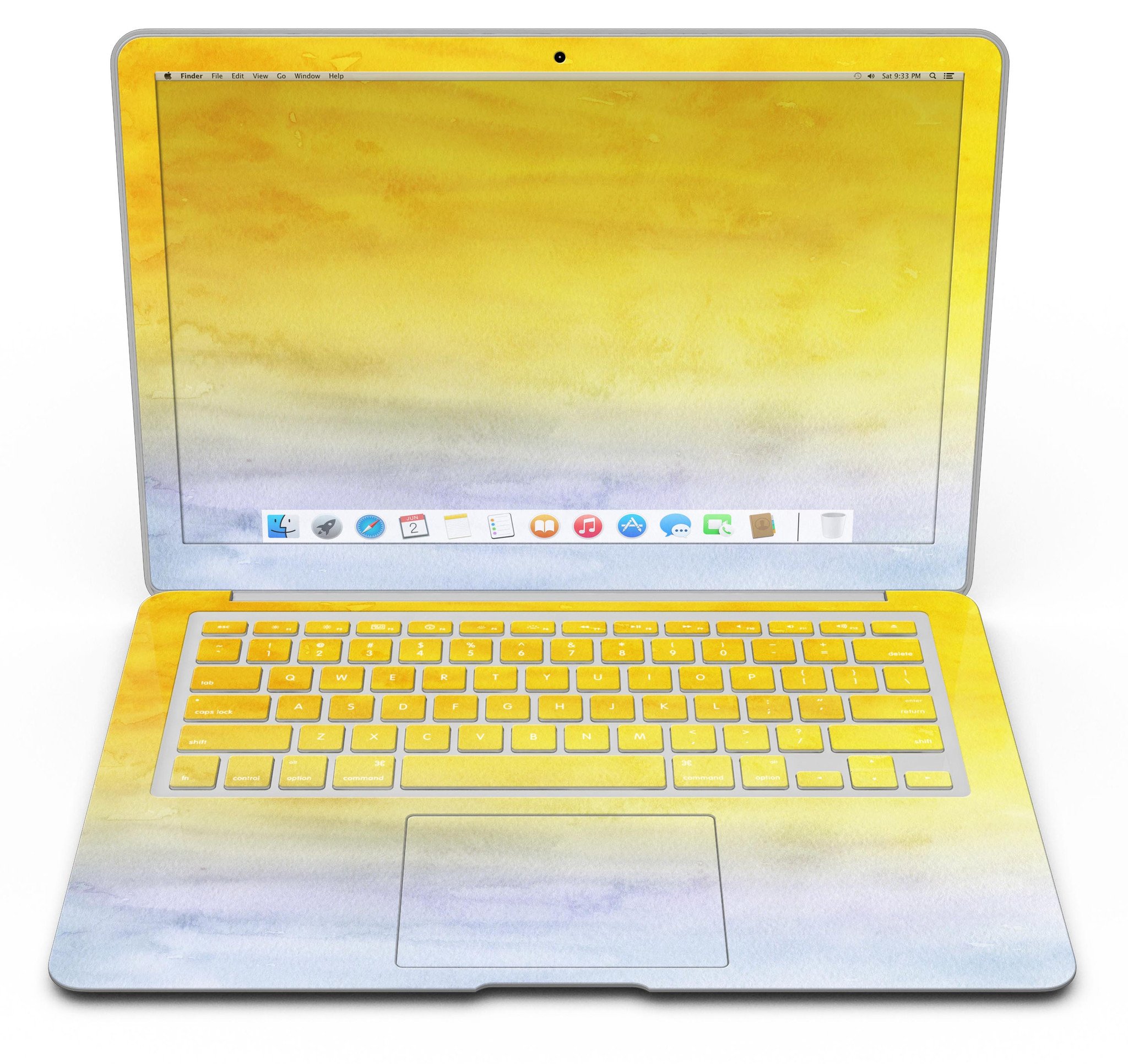 Blotted Gold 42 Absorbed Watercolor Texture MacBook Air Skin Kit showcasing vibrant watercolor design on a sleek MacBook Air.