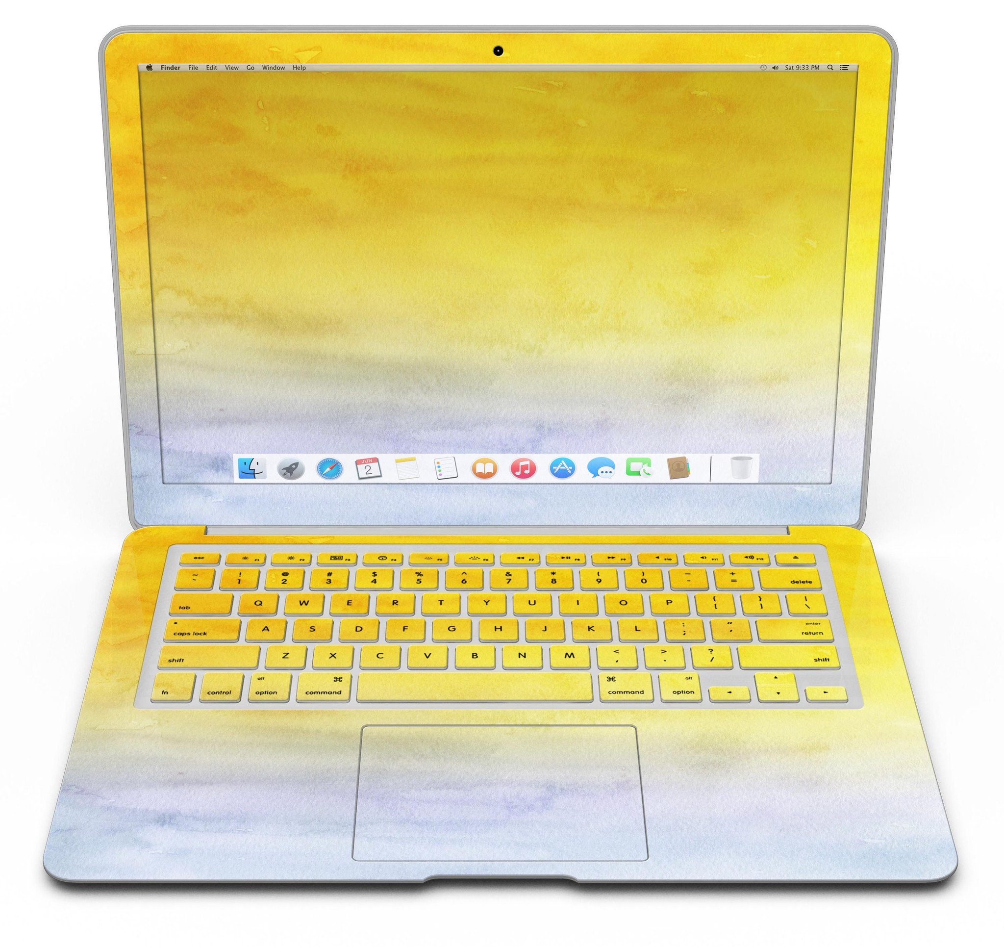 Blotted Gold 42 Absorbed Watercolor Texture MacBook Air Skin Kit showcasing vibrant watercolor design on a sleek MacBook Air.