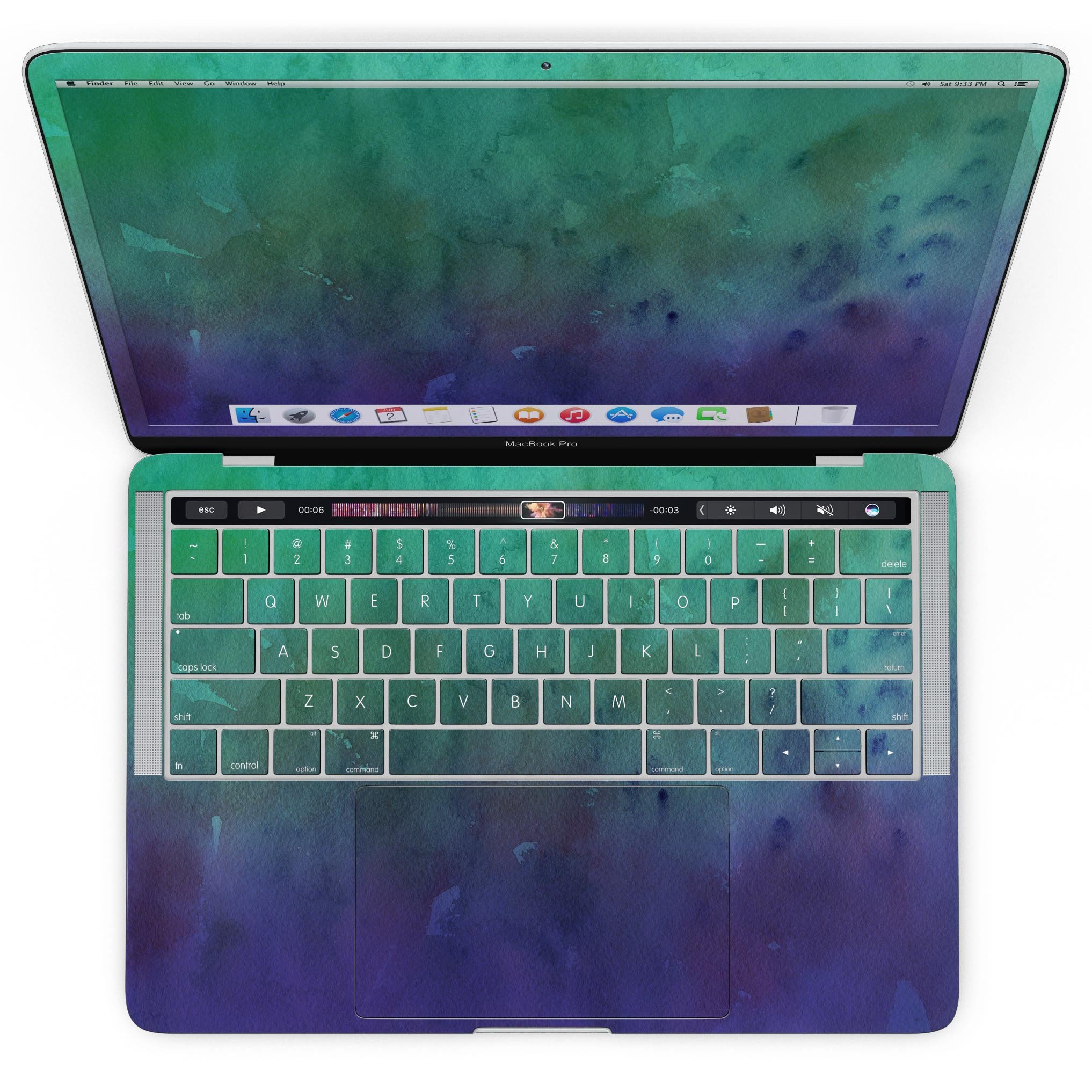 Blotted Green 97 Absorbed Watercolor Texture skin applied to a MacBook Pro with Touch Bar, showcasing its vibrant design and sleek finish.