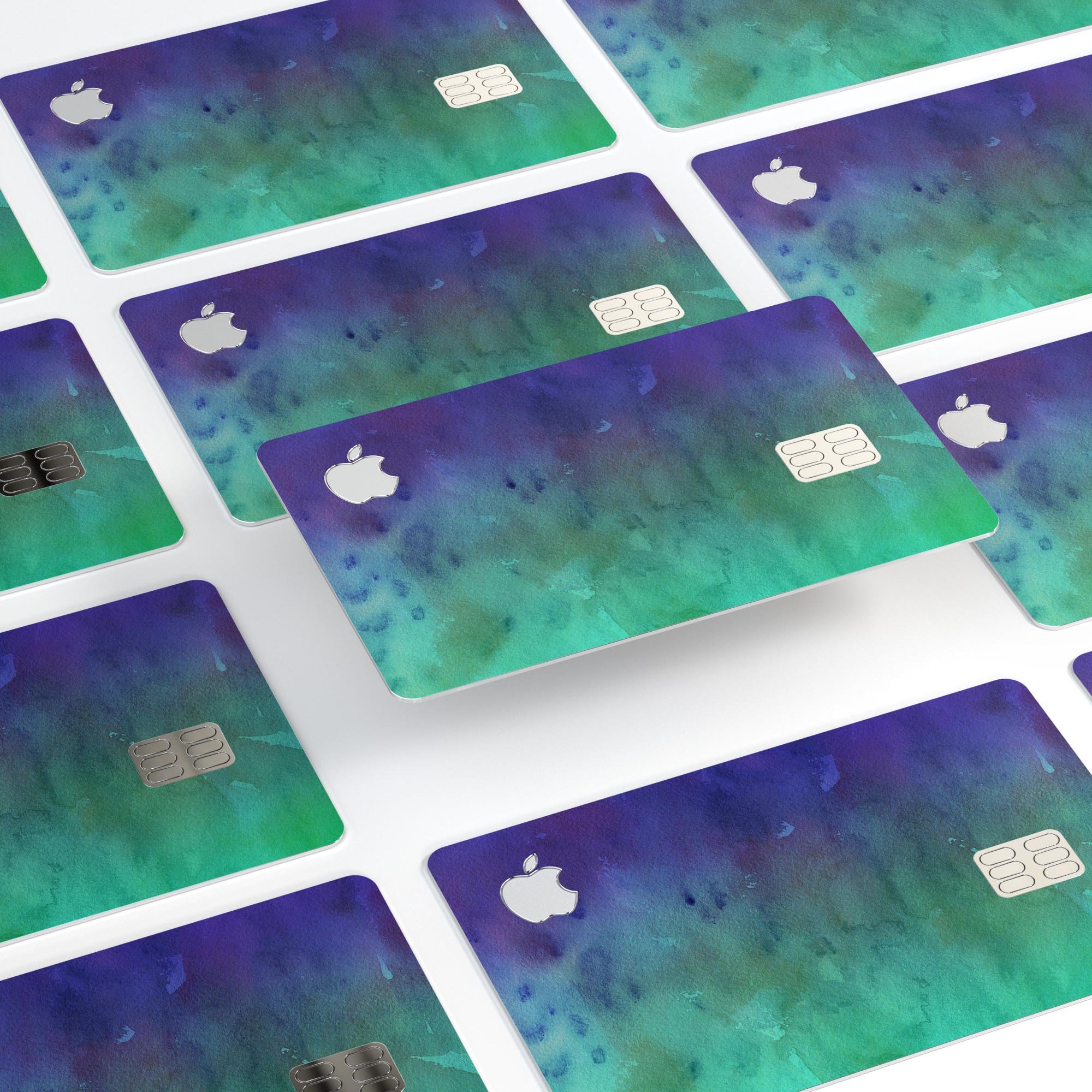 Blotted Green 97 Absorbed Watercolor Texture skin for Apple Card, showcasing vibrant colors and premium vinyl material.