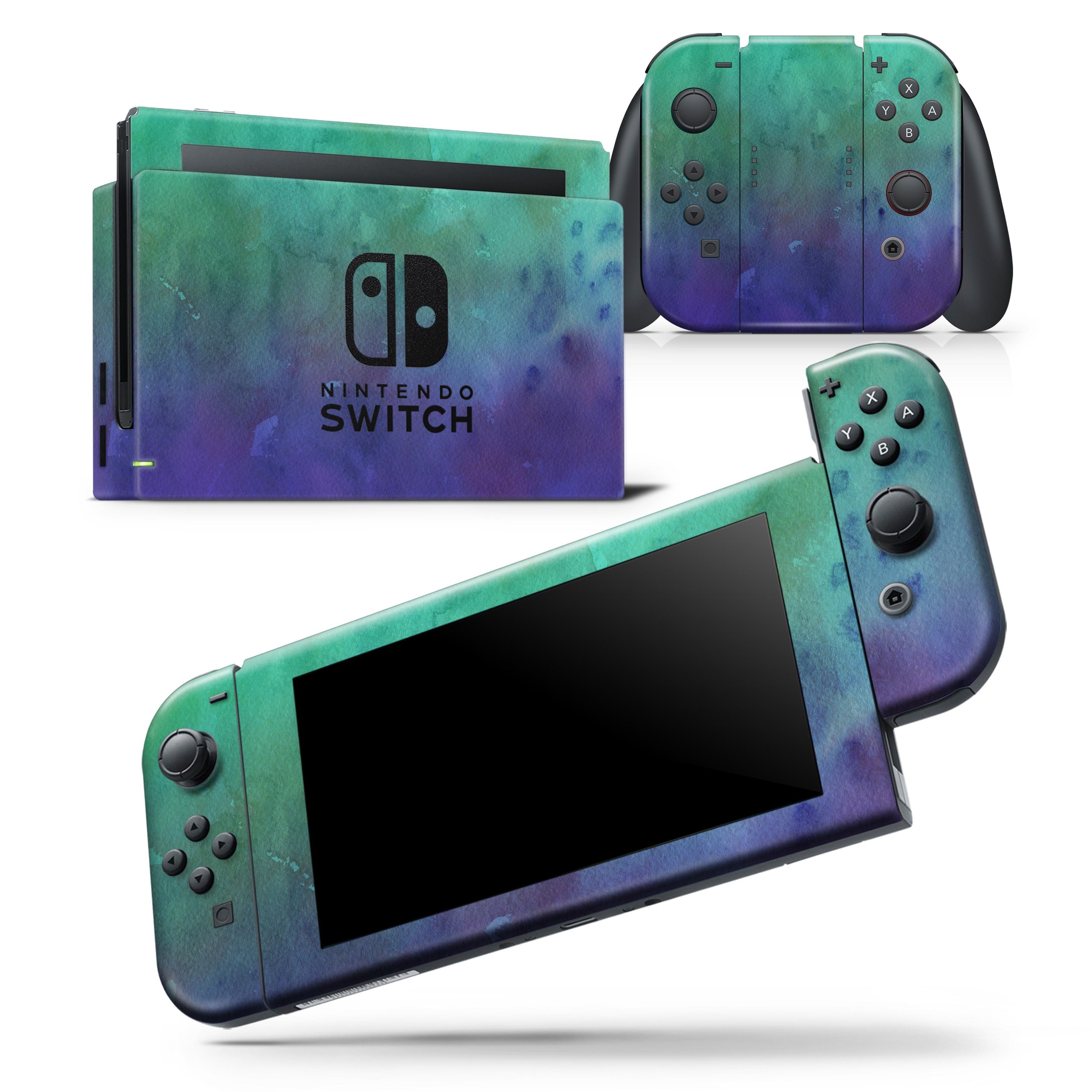 Blotted Green 97 Absorbed Watercolor Texture Skin Wrap for Nintendo Switch, showcasing vibrant colors and a sleek design.