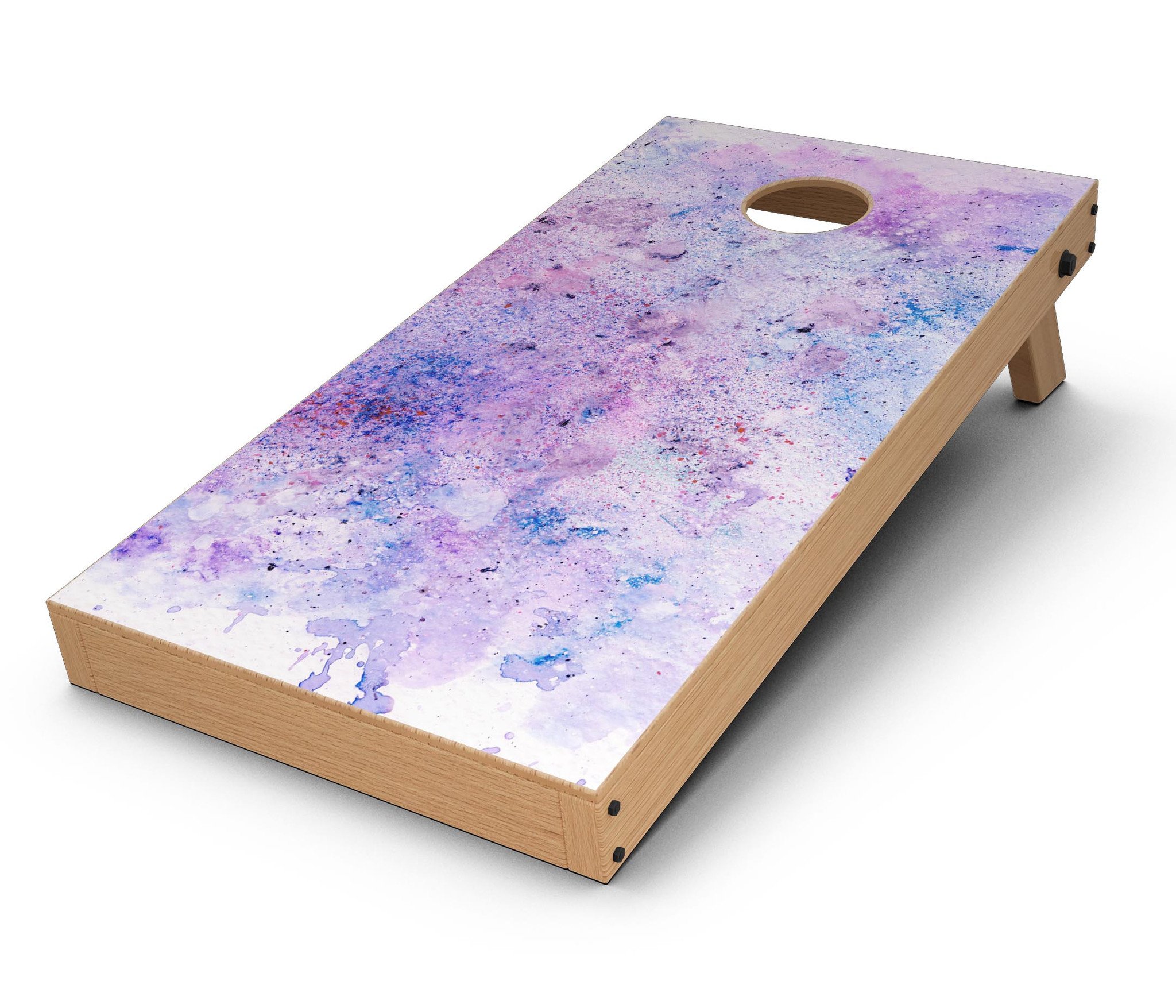 Blotted Pink and Purple Texture Cornhole Board Skin Decal Kit displayed on a Cornhole board, showcasing vibrant colors and design.