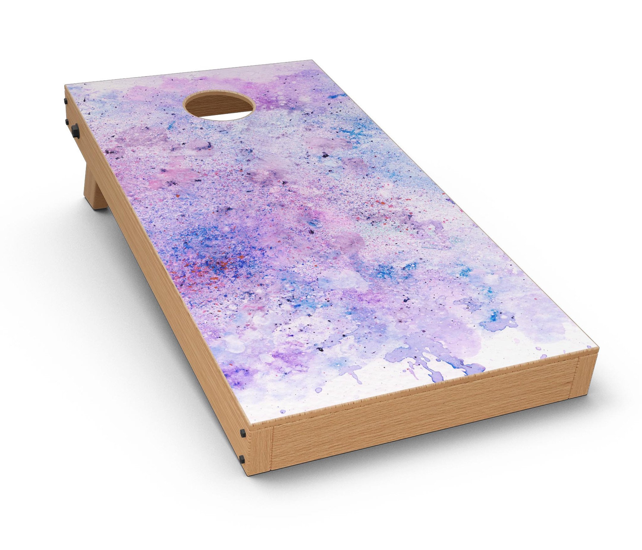 Blotted Pink and Purple Texture Cornhole Board Skin Decal Kit displayed on a Cornhole board, showcasing vibrant colors and design.