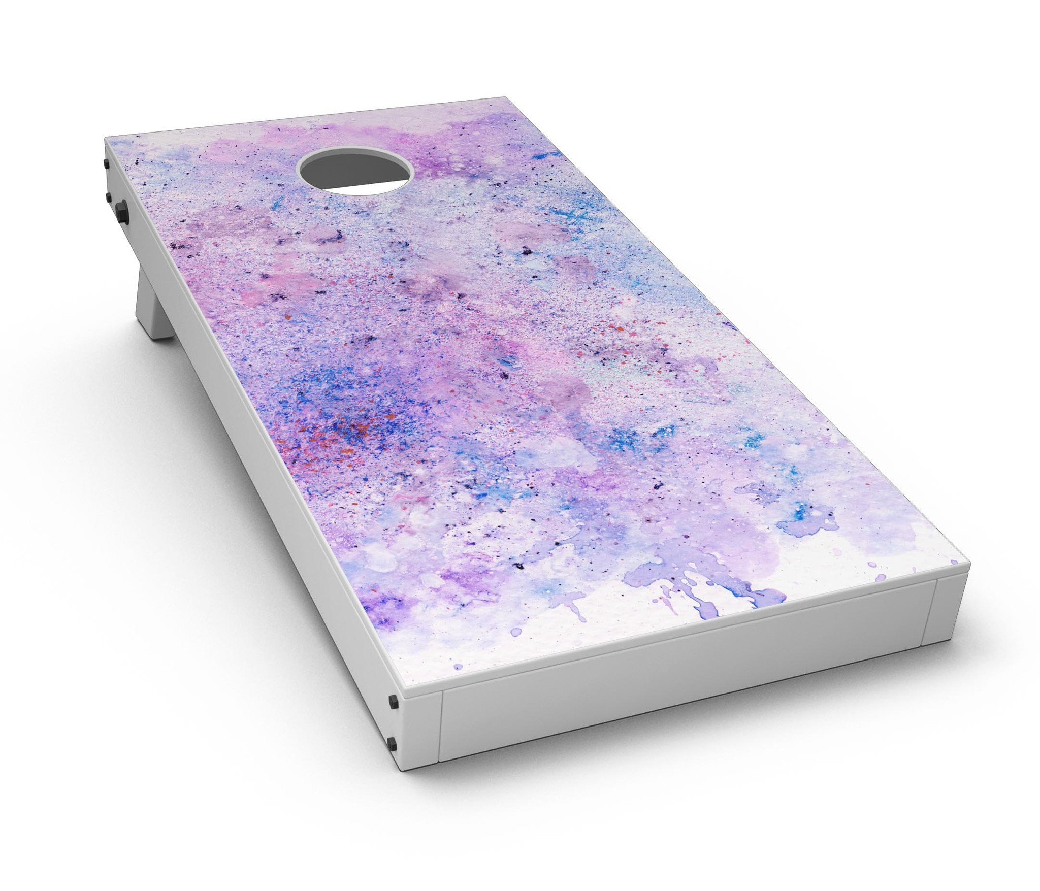 Blotted Pink and Purple Texture Cornhole Board Skin Decal Kit displayed on a Cornhole board, showcasing vibrant colors and design.