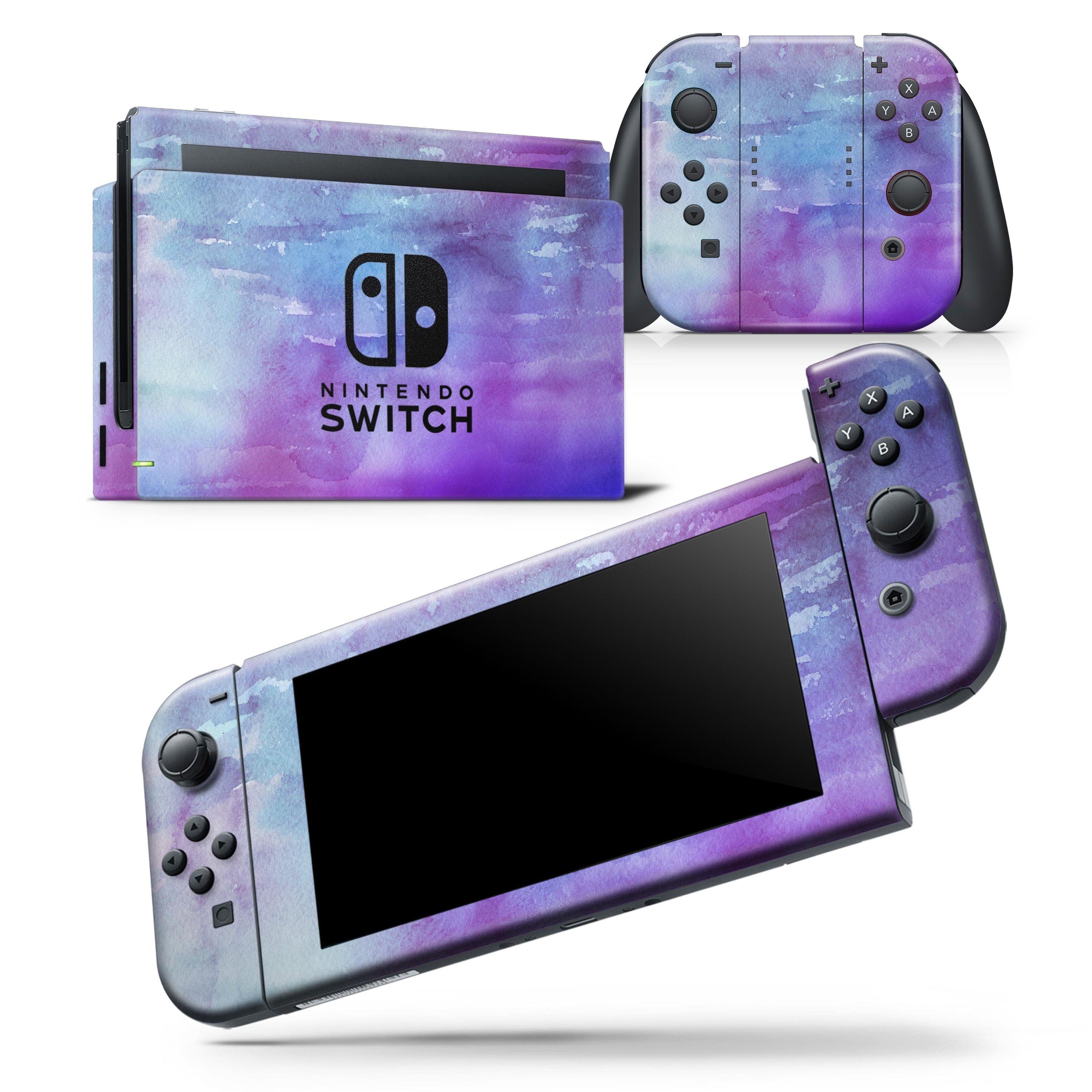 Blotted Purple 896 Absorbed Watercolor Texture skin wrap decal for Nintendo Switch, showcasing vibrant colors and a sleek design.