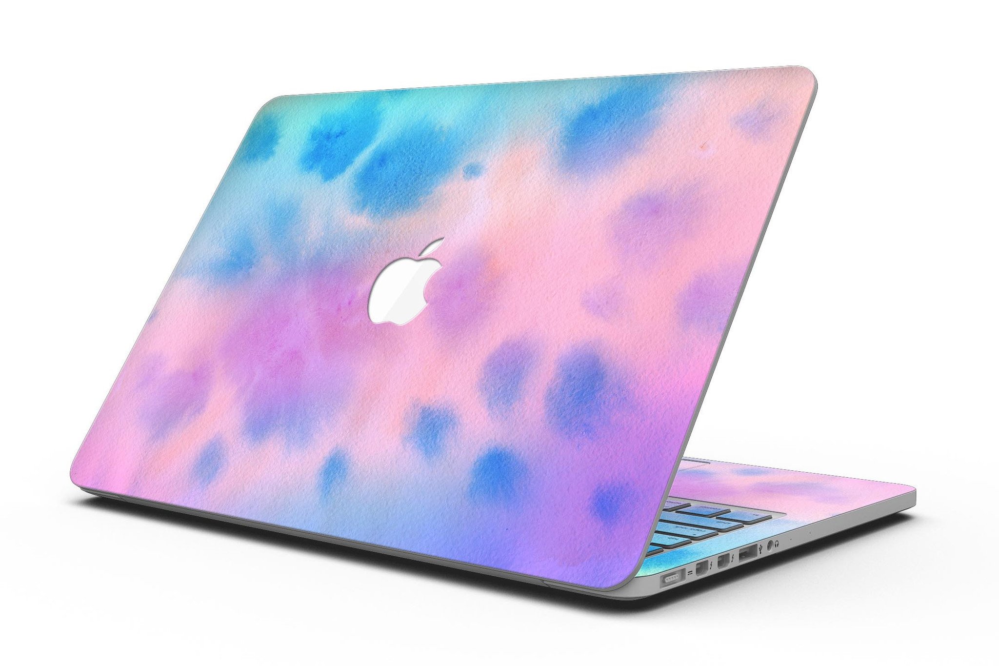 Blots 642 Absorbed Watercolor Texture skin applied to a MacBook Pro with Retina Display, showcasing vibrant colors and a stylish design.