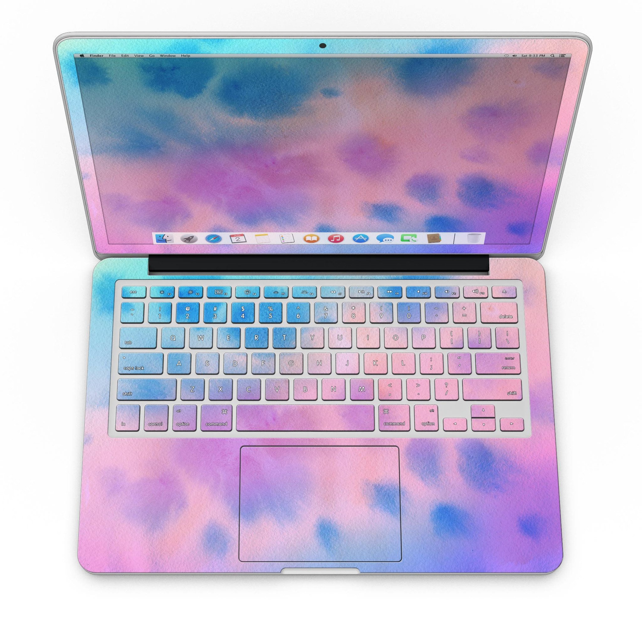 Blots 642 Absorbed Watercolor Texture skin applied to a MacBook Pro with Retina Display, showcasing vibrant colors and a stylish design.