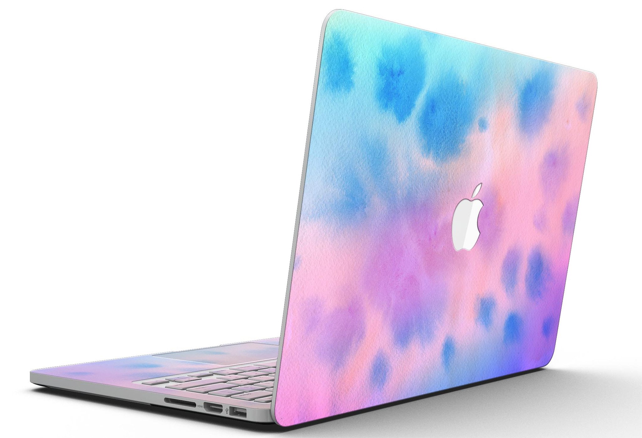 Blots 642 Absorbed Watercolor Texture skin applied to a MacBook Pro with Retina Display, showcasing vibrant colors and a stylish design.