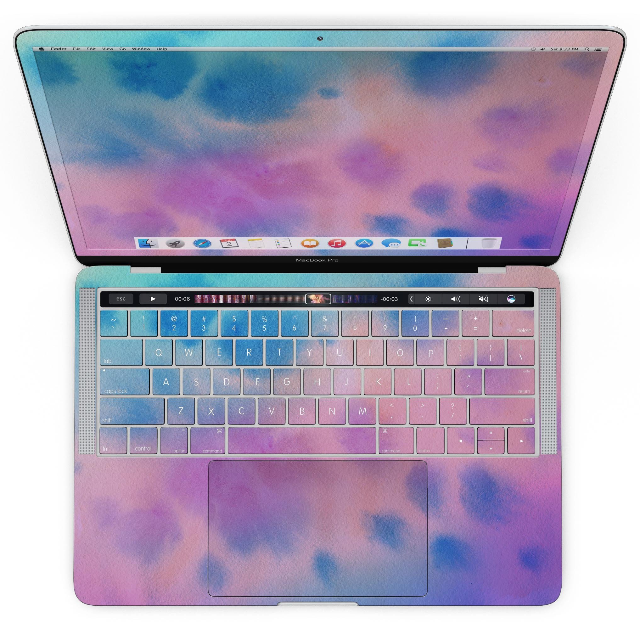 Blots 642 Absorbed Watercolor Texture skin applied to a MacBook Pro with Touch Bar, showcasing vibrant colors and a sleek design.