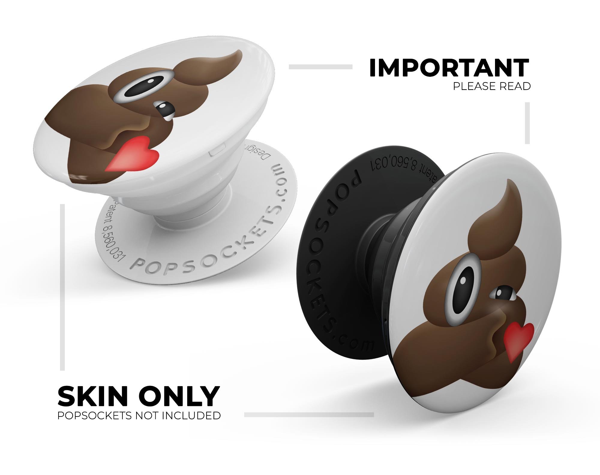 Blowing Kisses Poo Emoticon Emoji Skin Kit for PopSockets, featuring a playful design on a premium vinyl material.