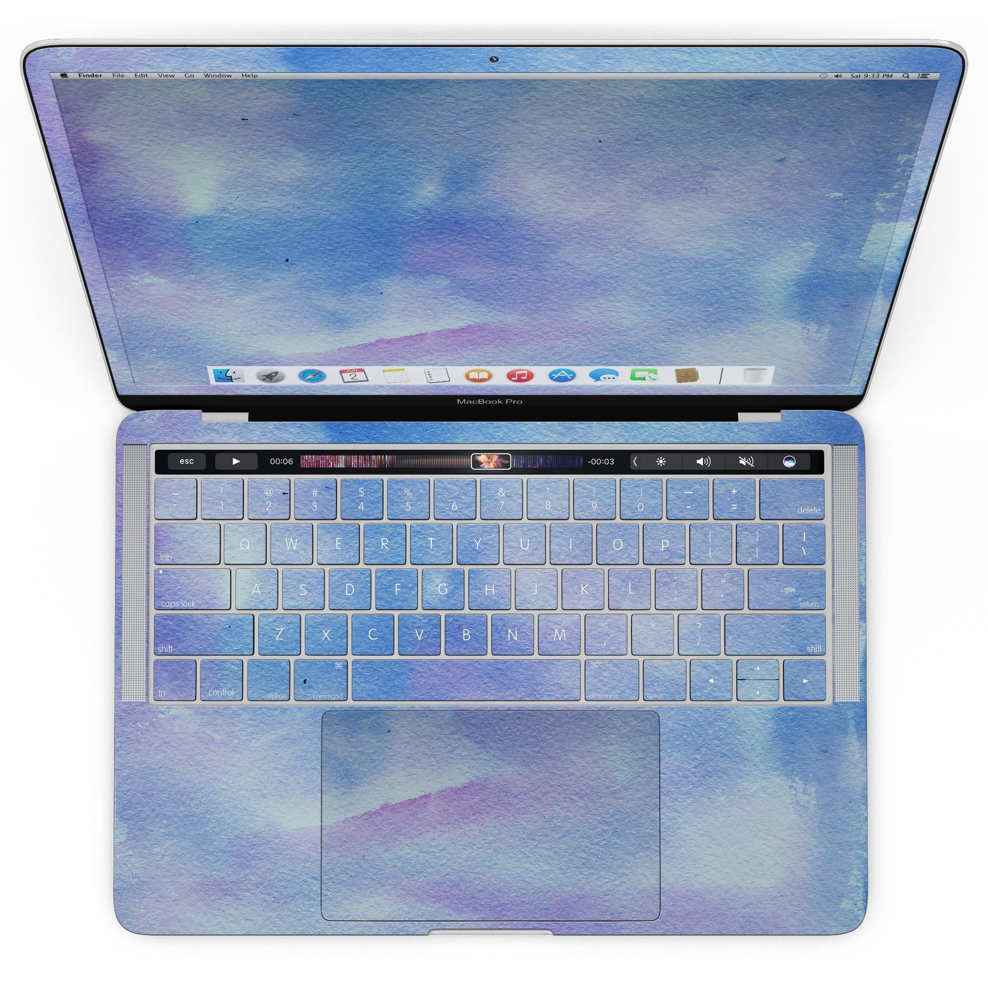 Blue 0021 Absorbed Watercolor Texture skin applied on a MacBook Pro with Touch Bar, showcasing vibrant colors and a sleek design.