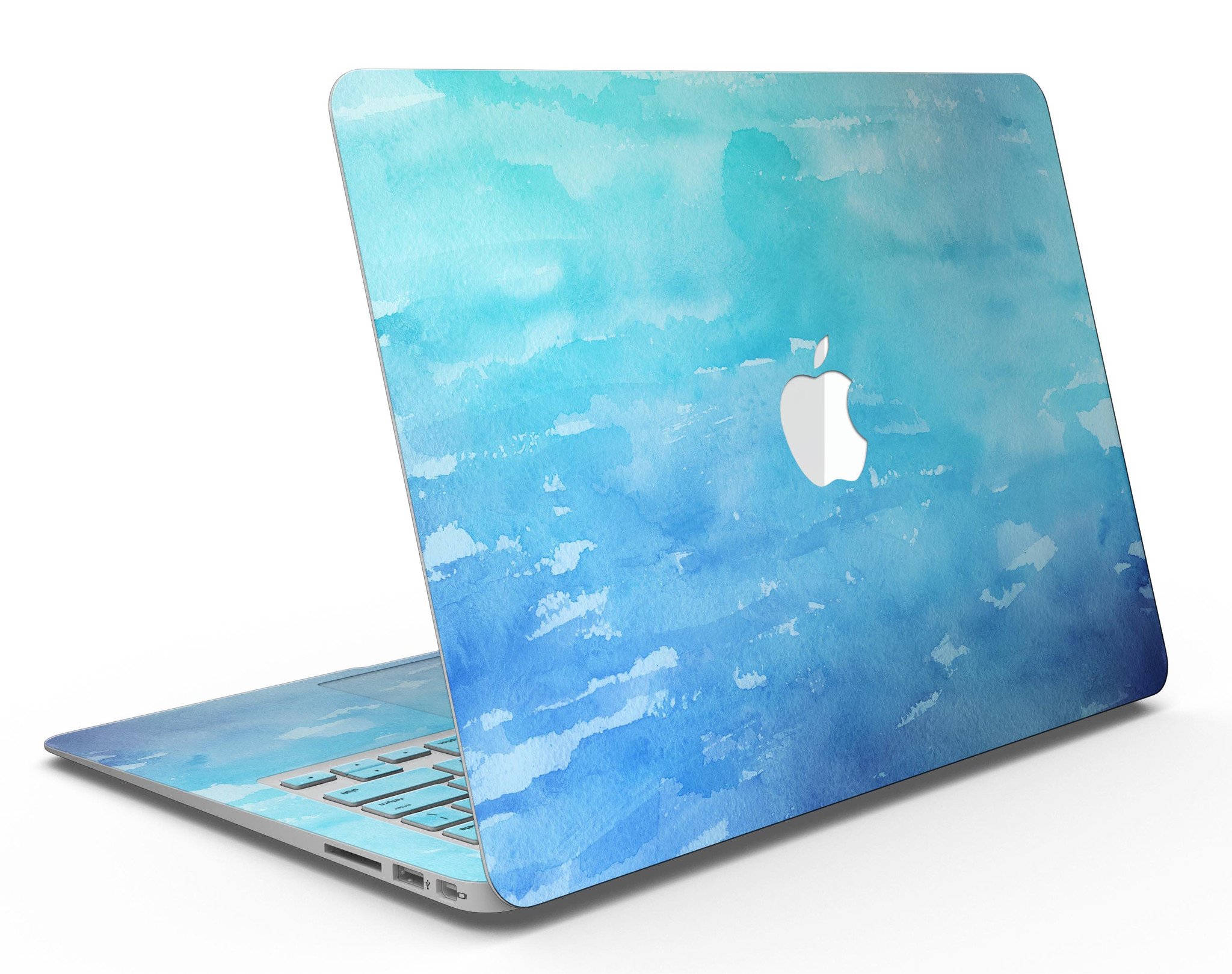 Blue 082 Absorbed Watercolor Texture MacBook Air Skin Kit showcasing vibrant watercolor design on a sleek MacBook Air.