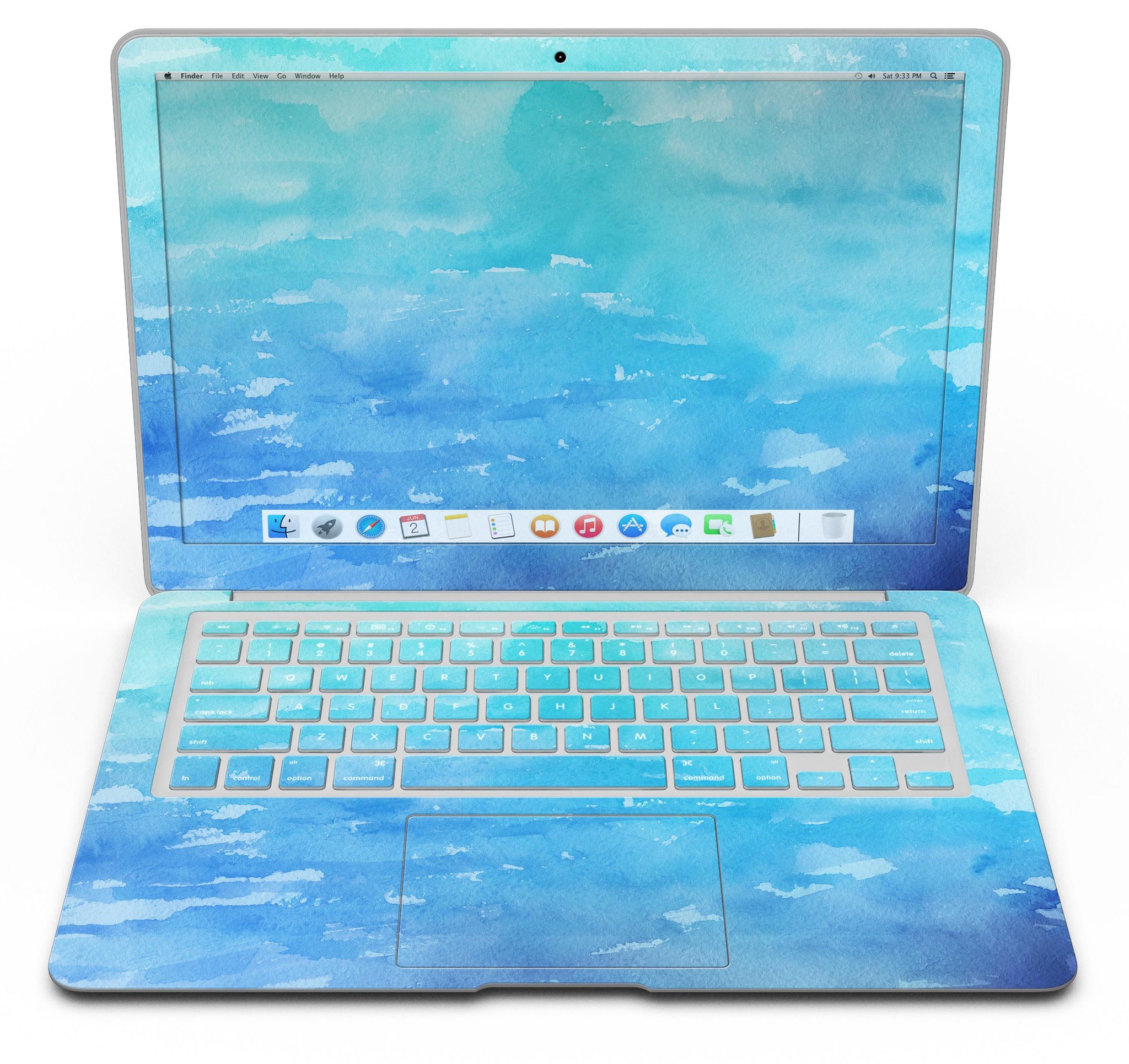 Blue 082 Absorbed Watercolor Texture MacBook Air Skin Kit showcasing vibrant watercolor design on a sleek MacBook Air.