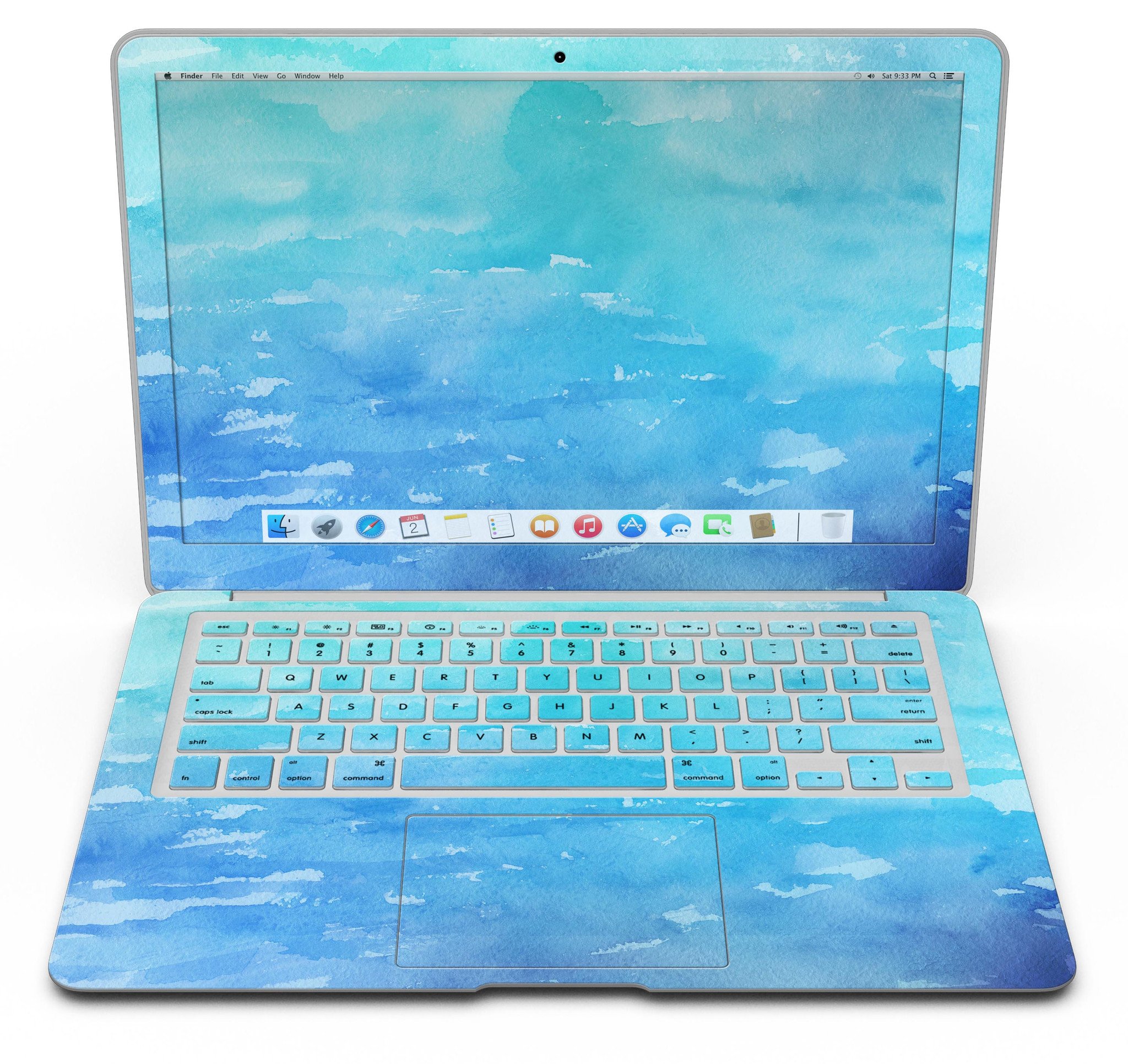 Blue 082 Absorbed Watercolor Texture MacBook Air Skin Kit showcasing vibrant watercolor design on a sleek MacBook Air.