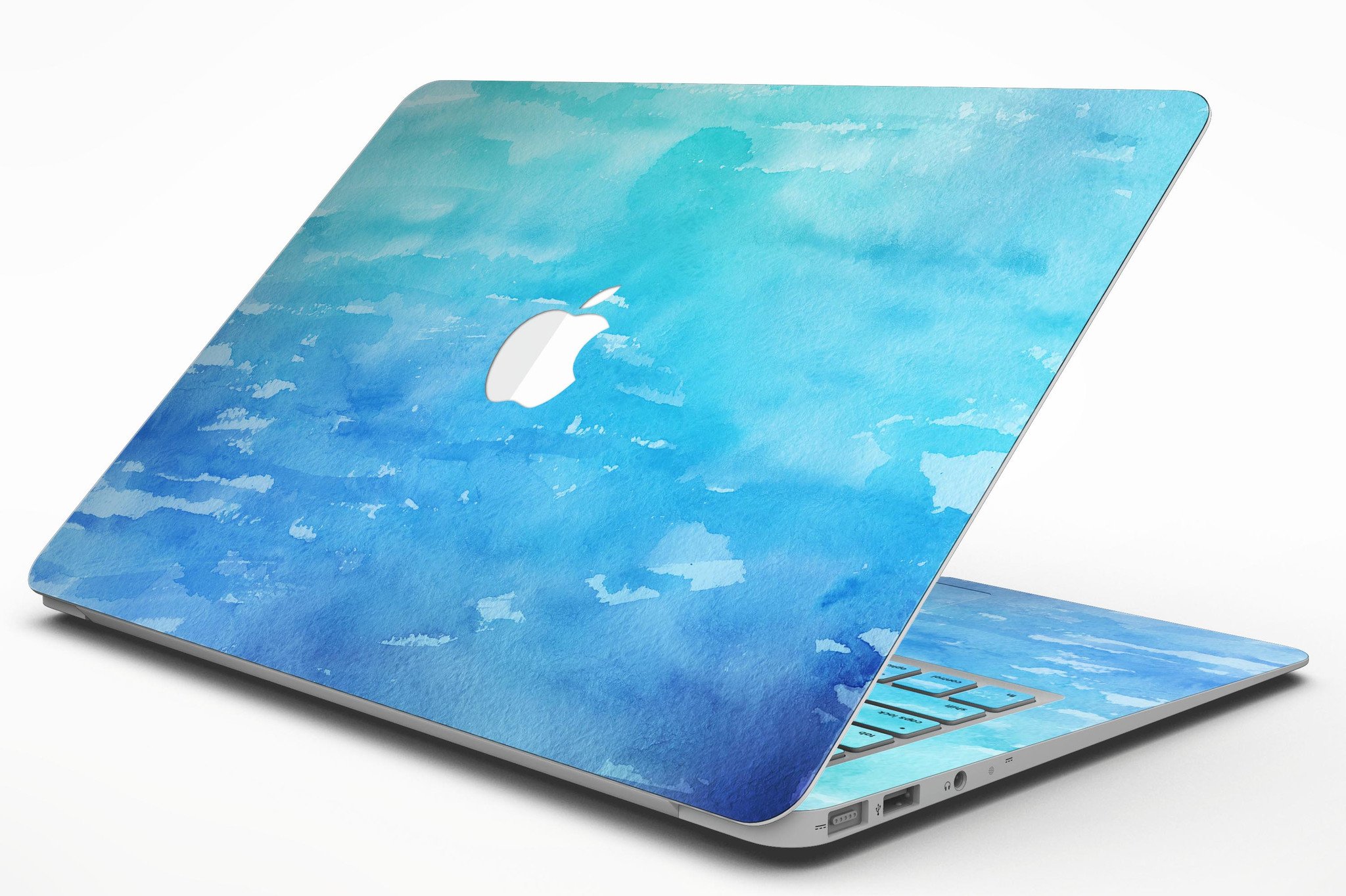 Blue 082 Absorbed Watercolor Texture MacBook Air Skin Kit showcasing vibrant watercolor design on a sleek MacBook Air.