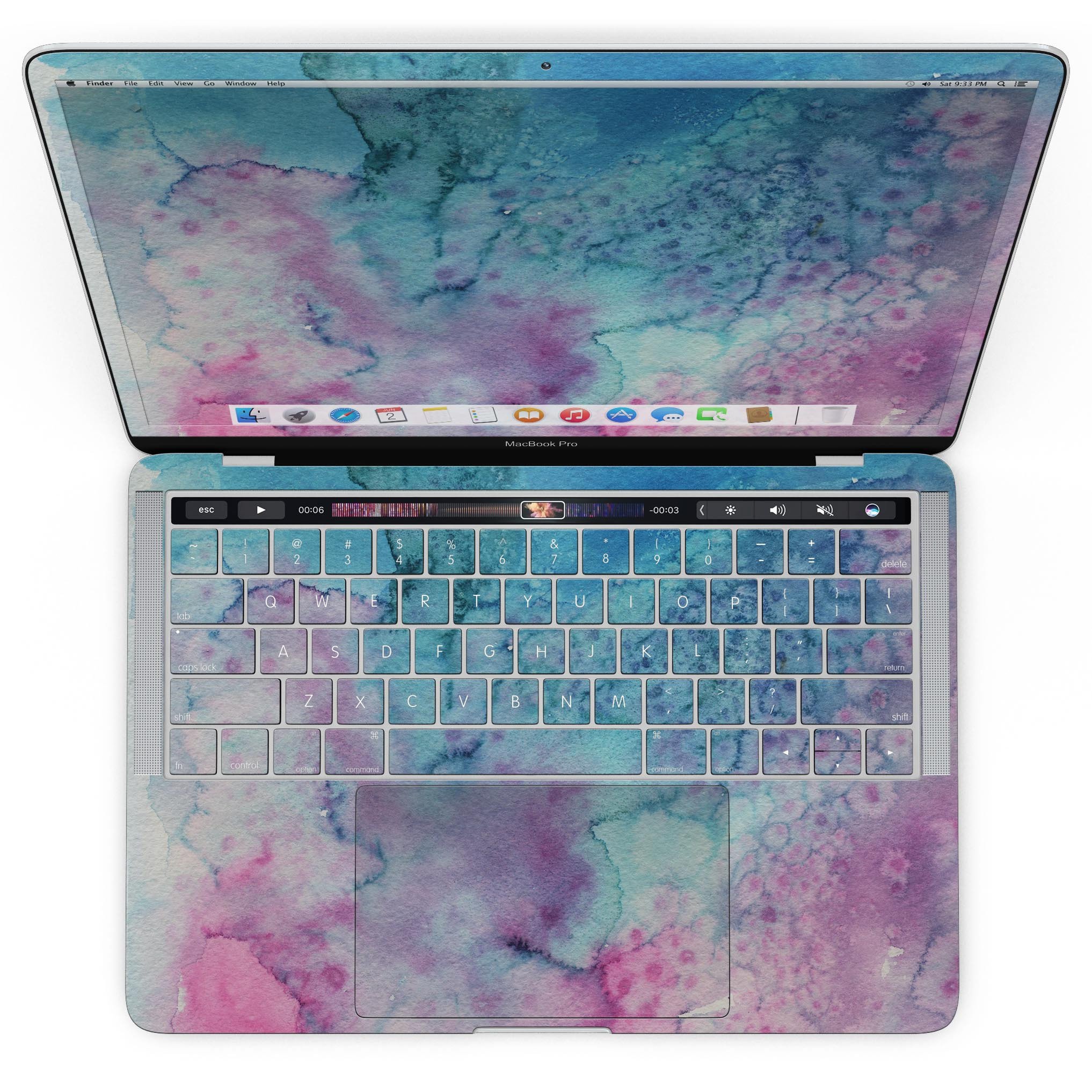 Blue 2 Absorbed Watercolor Texture skin for MacBook Pro with Touch Bar, showcasing vibrant colors and a stylish design.