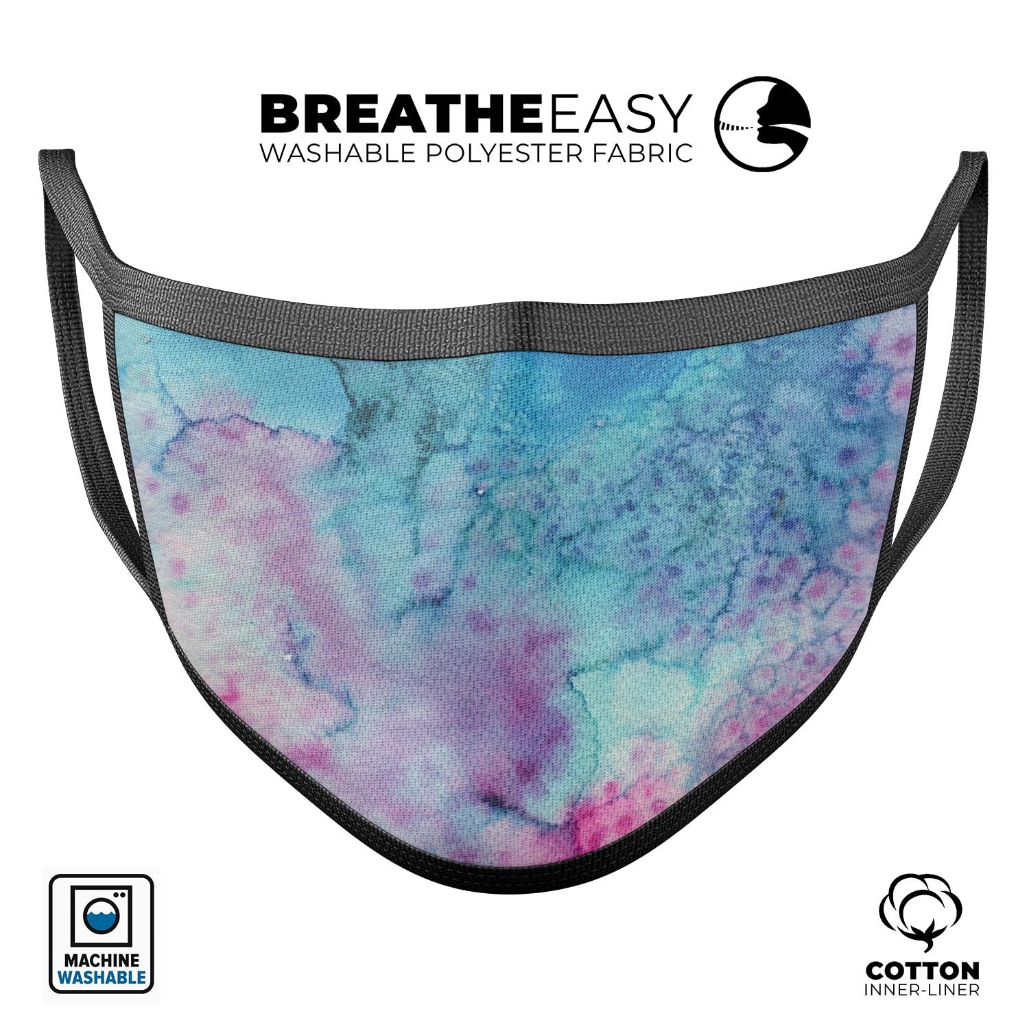 Blue 2 Absorbed Watercolor Texture face mask, showcasing vibrant colors and adjustable ear loops for a comfortable fit.