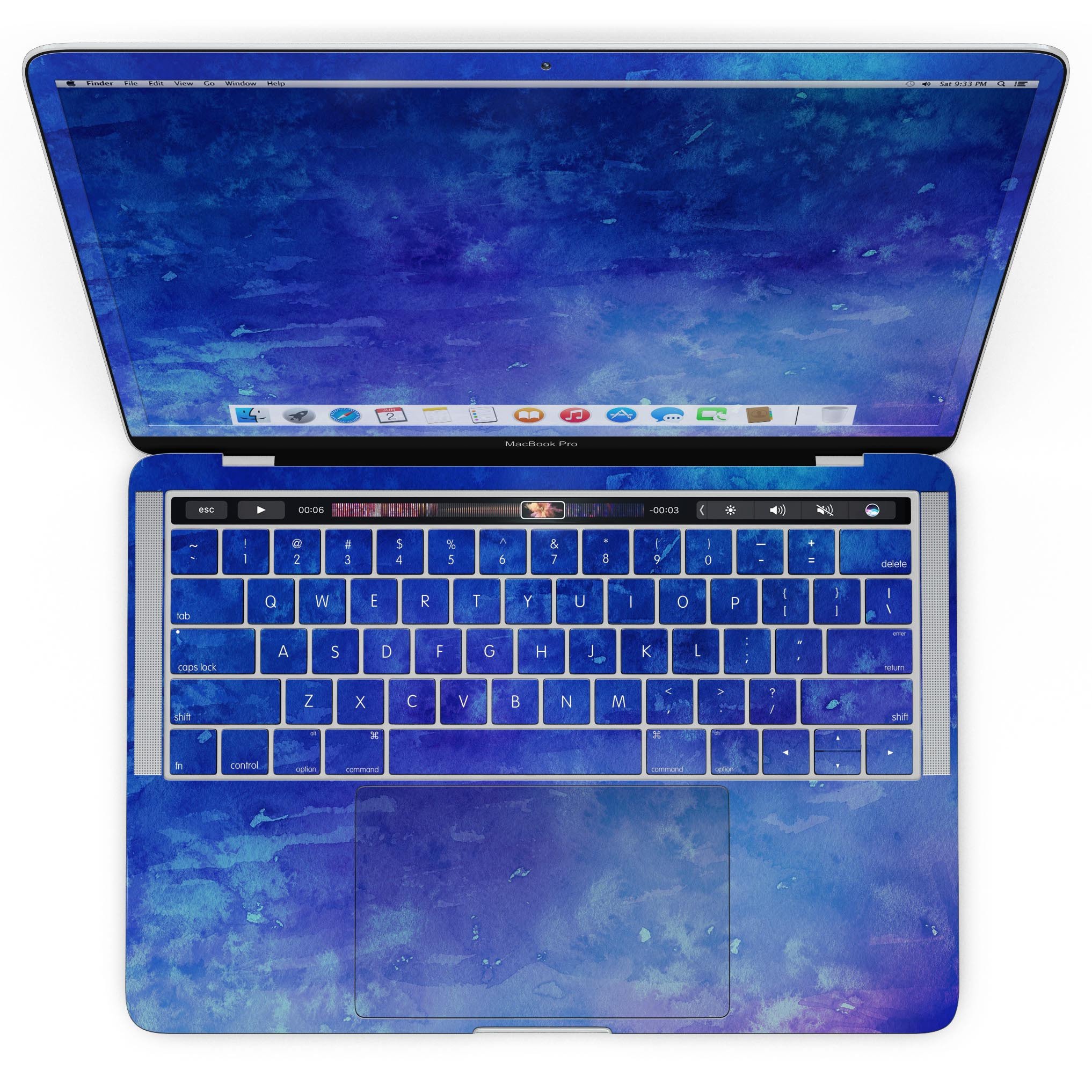 Blue 275 Absorbed Watercolor Texture skin for MacBook Pro with Touch Bar, showcasing vibrant colors and a stylish design.