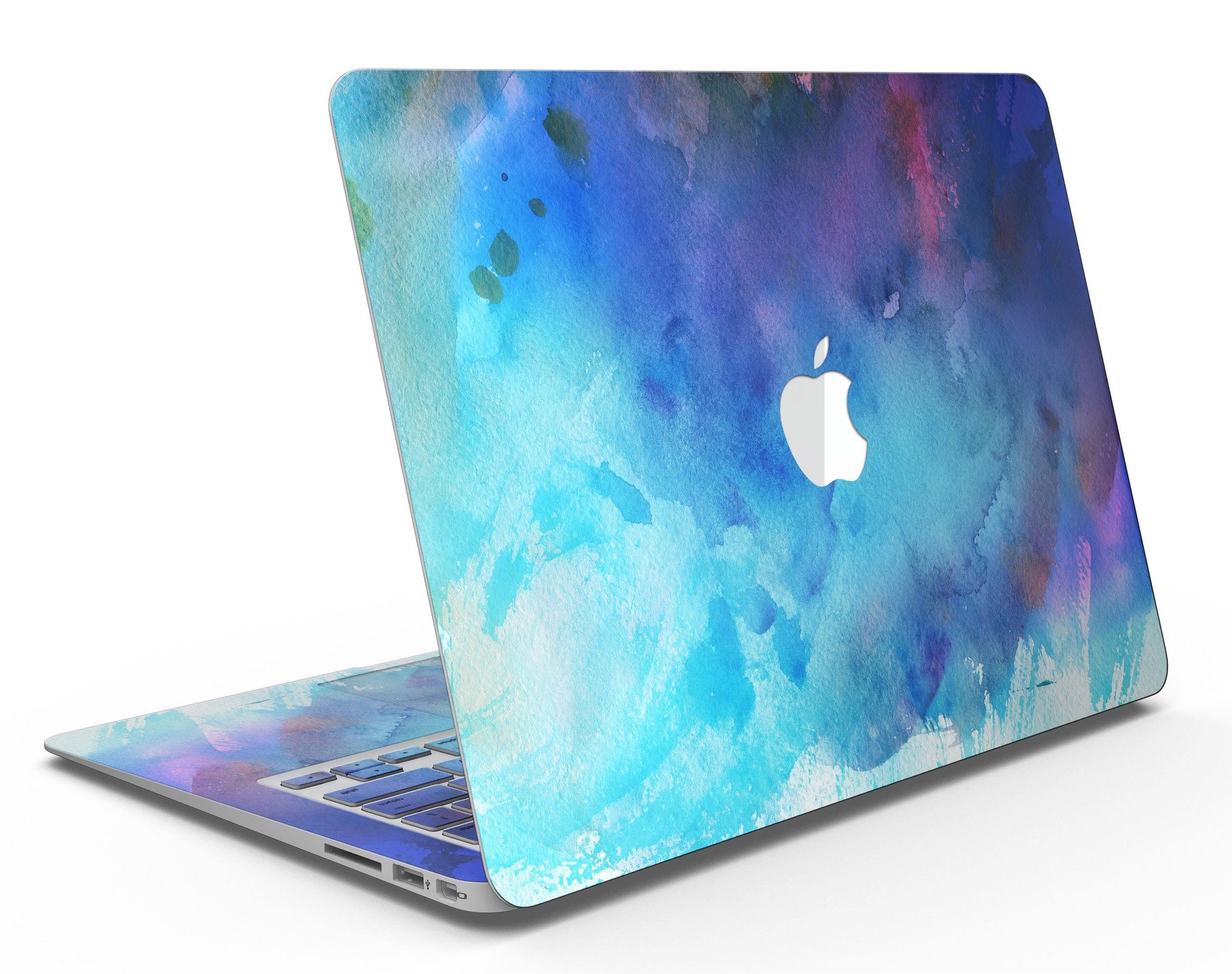 Blue 34222 Absorbed Watercolor Texture skin for MacBook Air, showcasing vibrant watercolor design on a sleek vinyl surface.