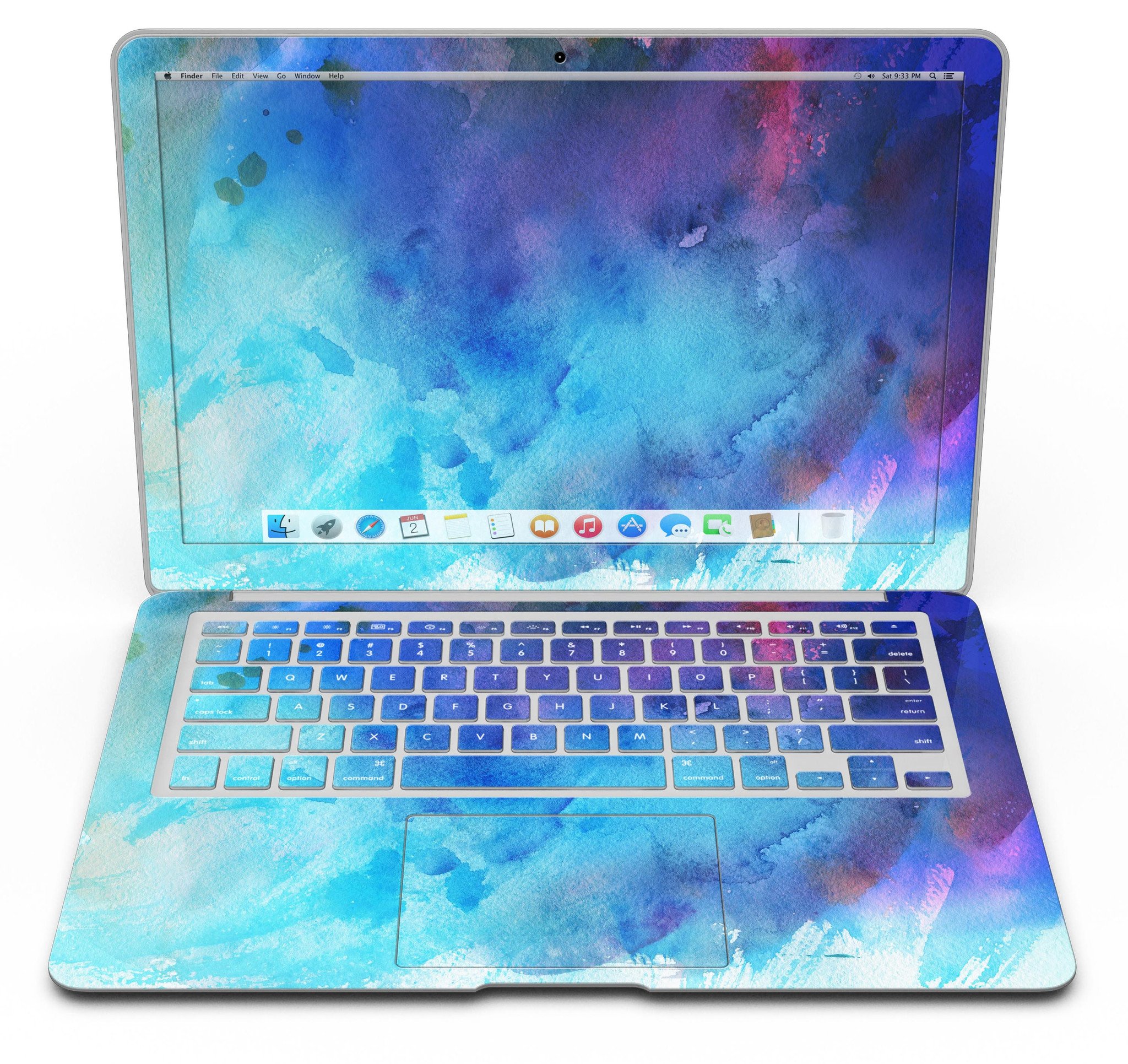 Blue 34222 Absorbed Watercolor Texture skin for MacBook Air, showcasing vibrant watercolor design on a sleek vinyl surface.