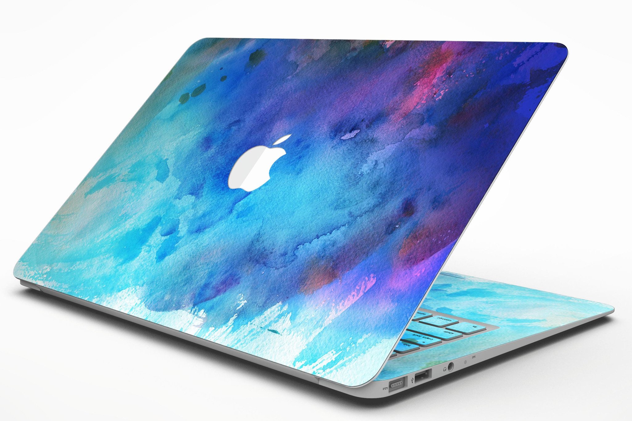 Blue 34222 Absorbed Watercolor Texture skin for MacBook Air, showcasing vibrant watercolor design on a sleek vinyl surface.