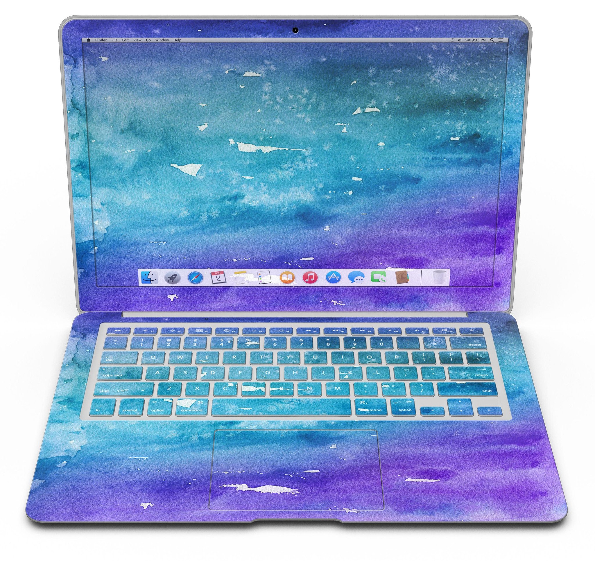 Blue 823 Absorbed Watercolor Texture MacBook Air skin, showcasing vibrant colors and a sleek design.