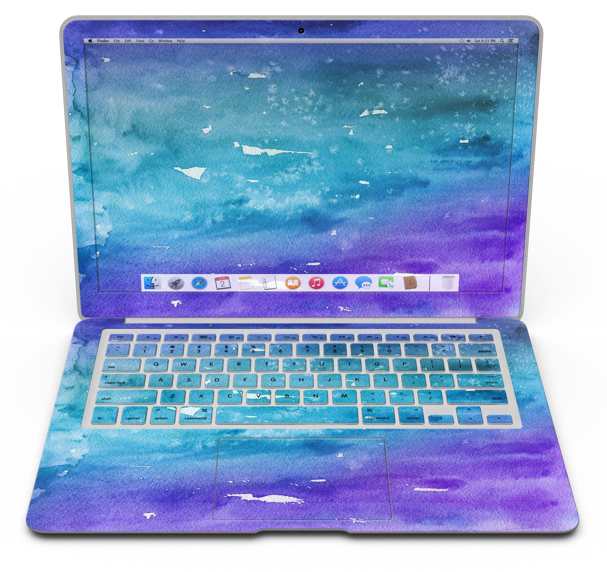 Blue 823 Absorbed Watercolor Texture MacBook Air skin, showcasing vibrant colors and a sleek design.