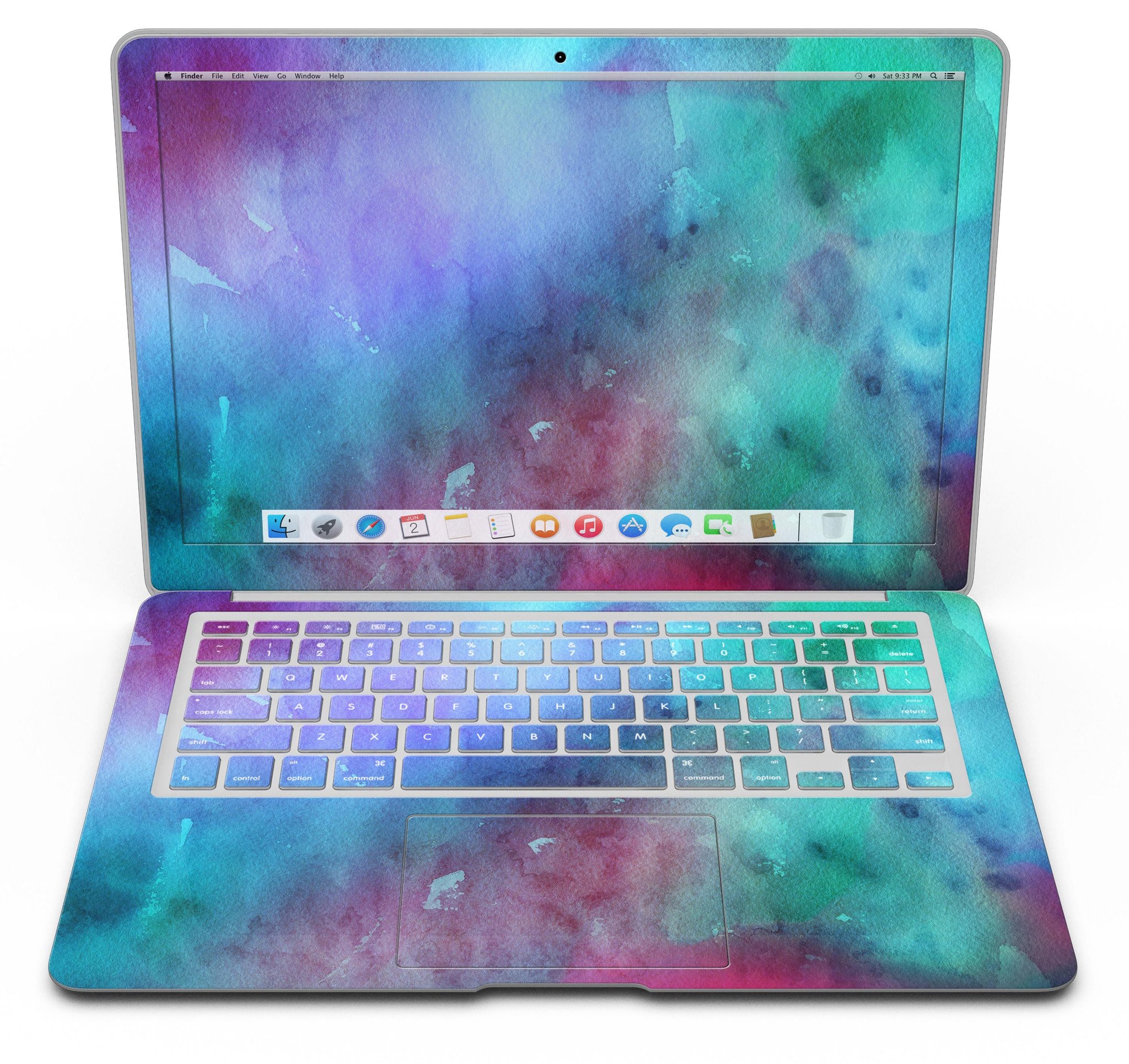 Blue 89608 Absorbed Watercolor Texture skin for MacBook Air, showcasing vibrant watercolor design on a sleek device.