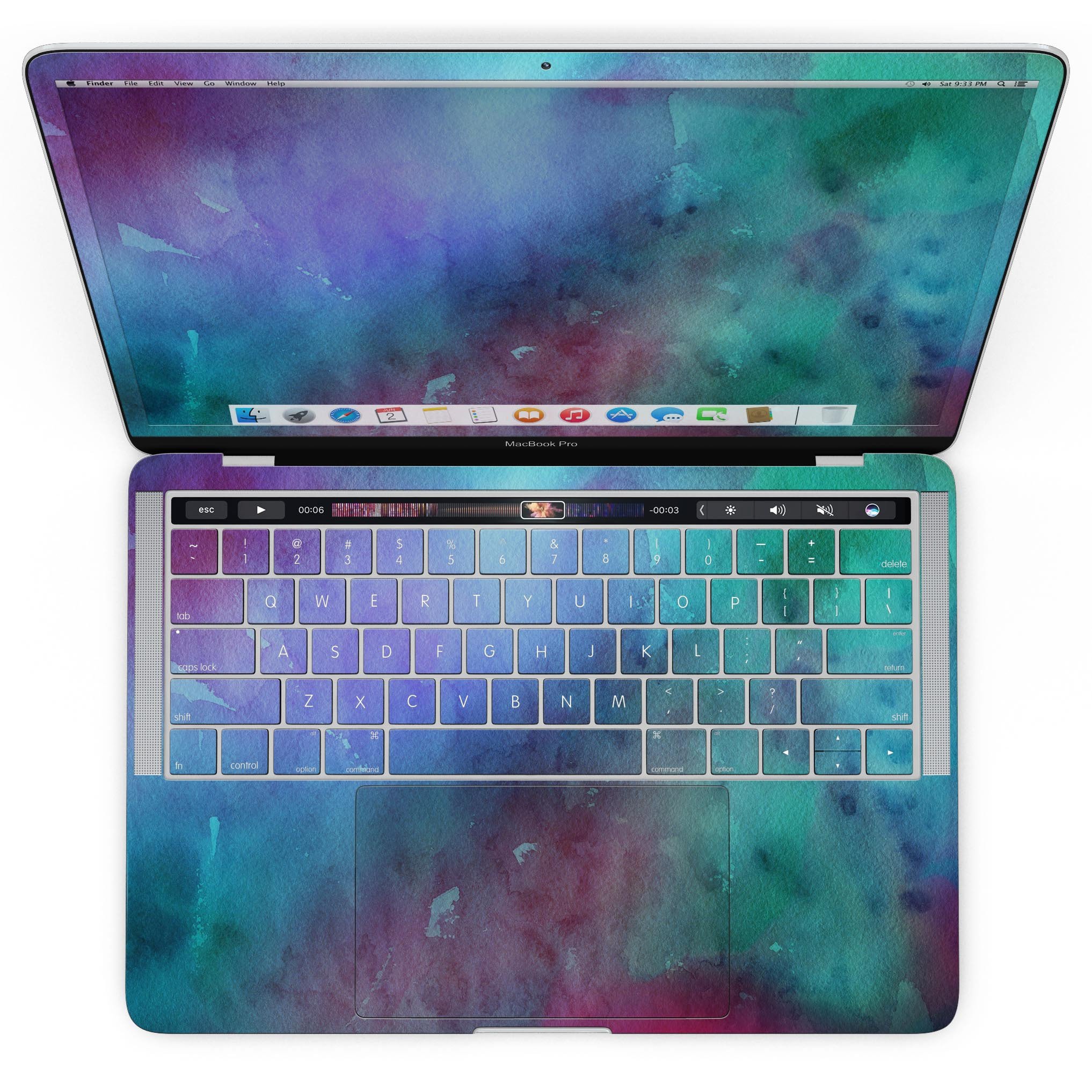 Blue 89608 Absorbed Watercolor Texture skin for MacBook Pro with Touch Bar, showcasing vibrant colors and a sleek design.