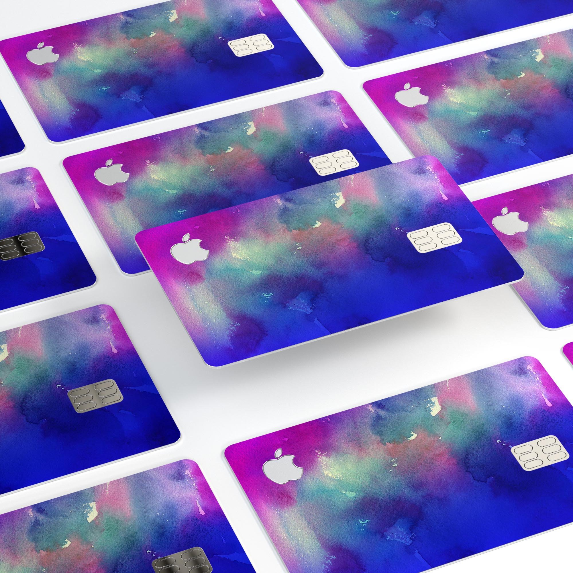 Blue 97 Absorbed Watercolor Texture decal applied on an Apple Card, showcasing its vibrant design and protective features.