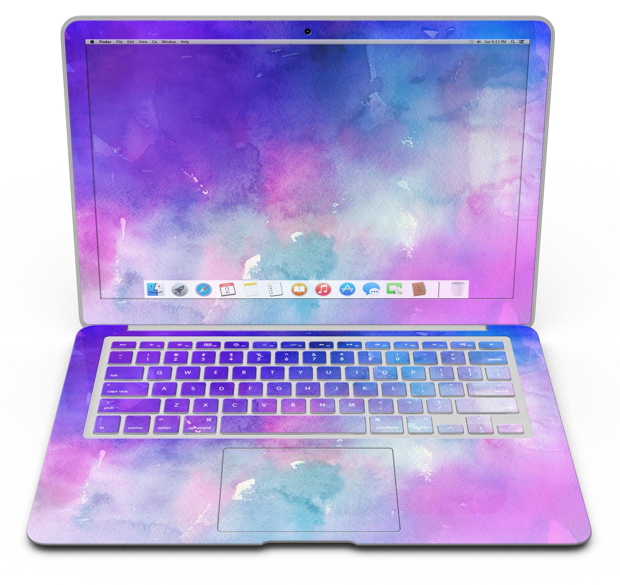 Blue 972 Absorbed Watercolor Texture skin for MacBook Air, showcasing vibrant colors and a sleek design.