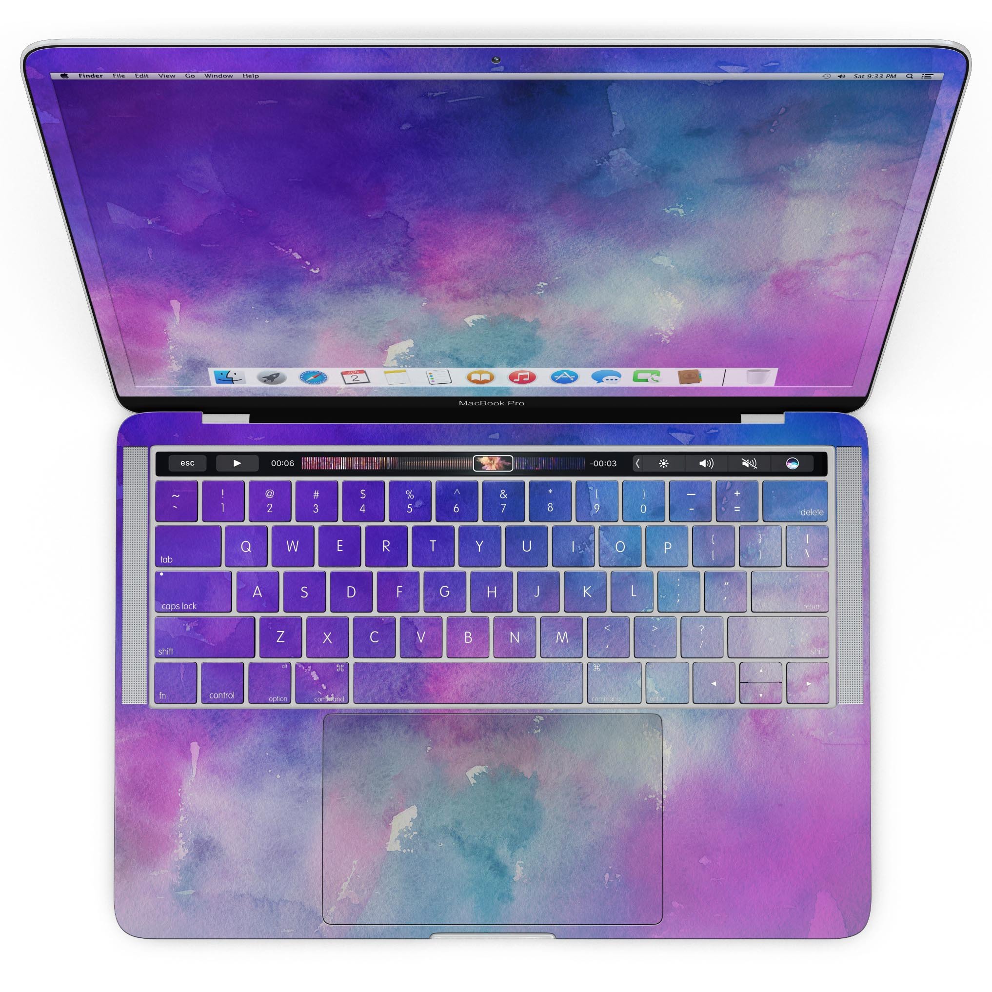 Blue 972 Absorbed Watercolor Texture skin for MacBook Pro, showcasing vibrant watercolor design and premium vinyl material.