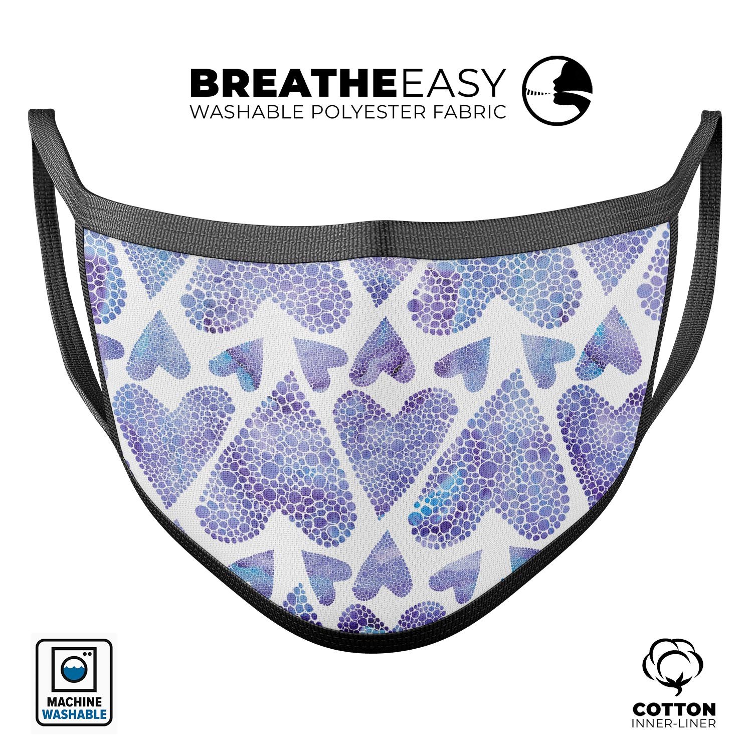 Blue Abstract Inverted Hearts face mask, featuring a vibrant design, made from soft cotton and memory foam for comfort and style.