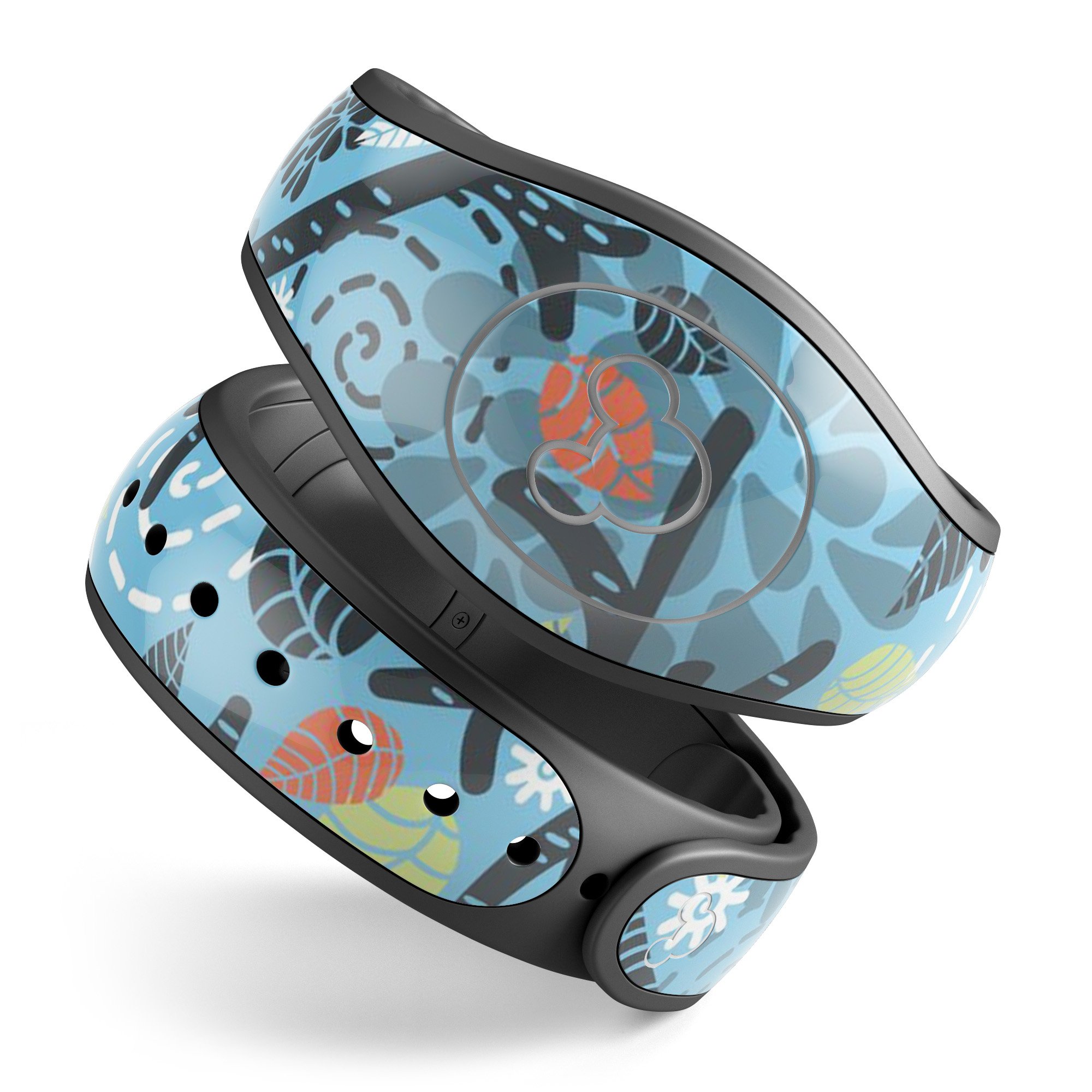 Blue and black decal skin wrap featuring abstract big eyed owls, designed for Disney Magic Band, showcasing vibrant colors and intricate details.