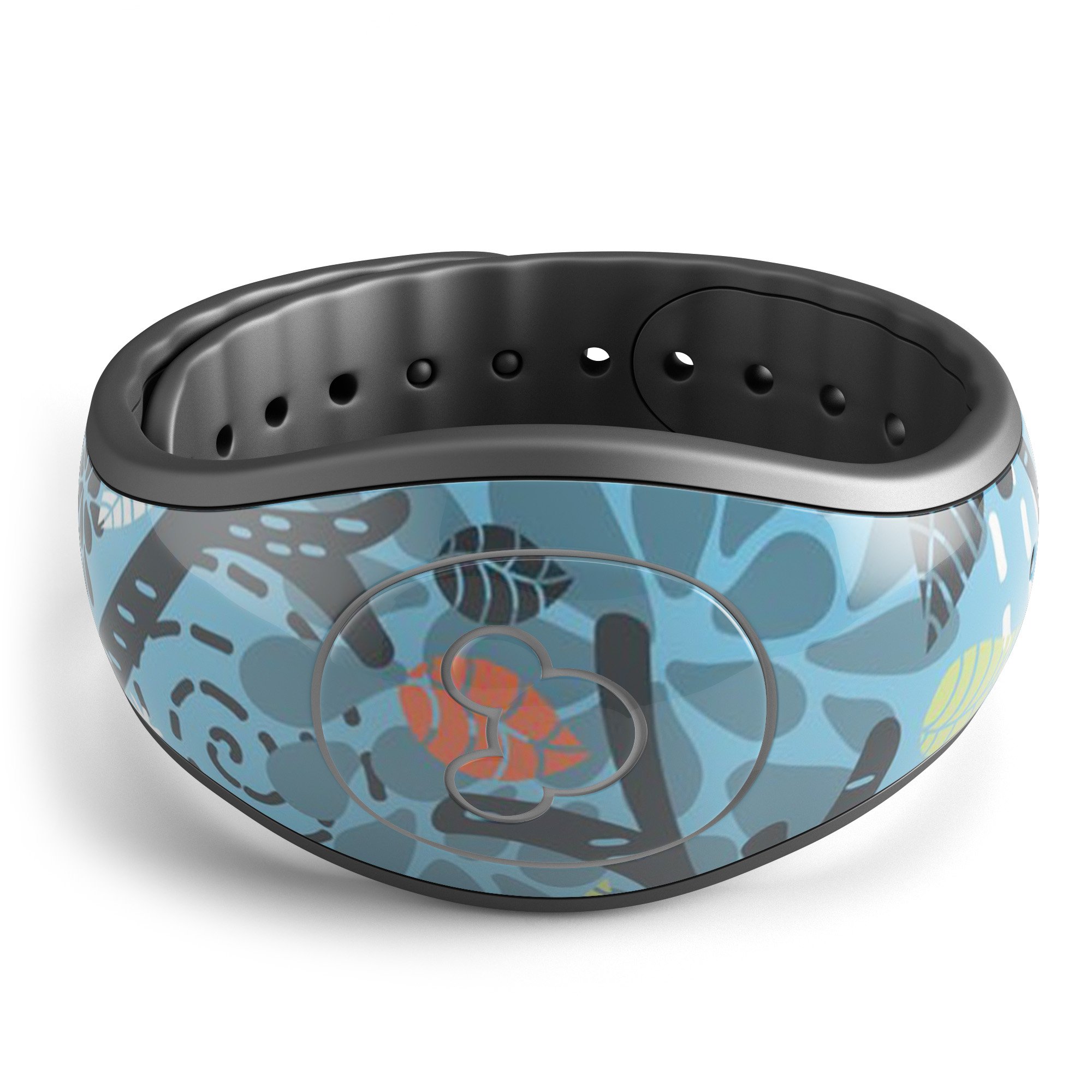 Blue and black decal skin wrap featuring abstract big eyed owls, designed for Disney Magic Band, showcasing vibrant colors and intricate details.